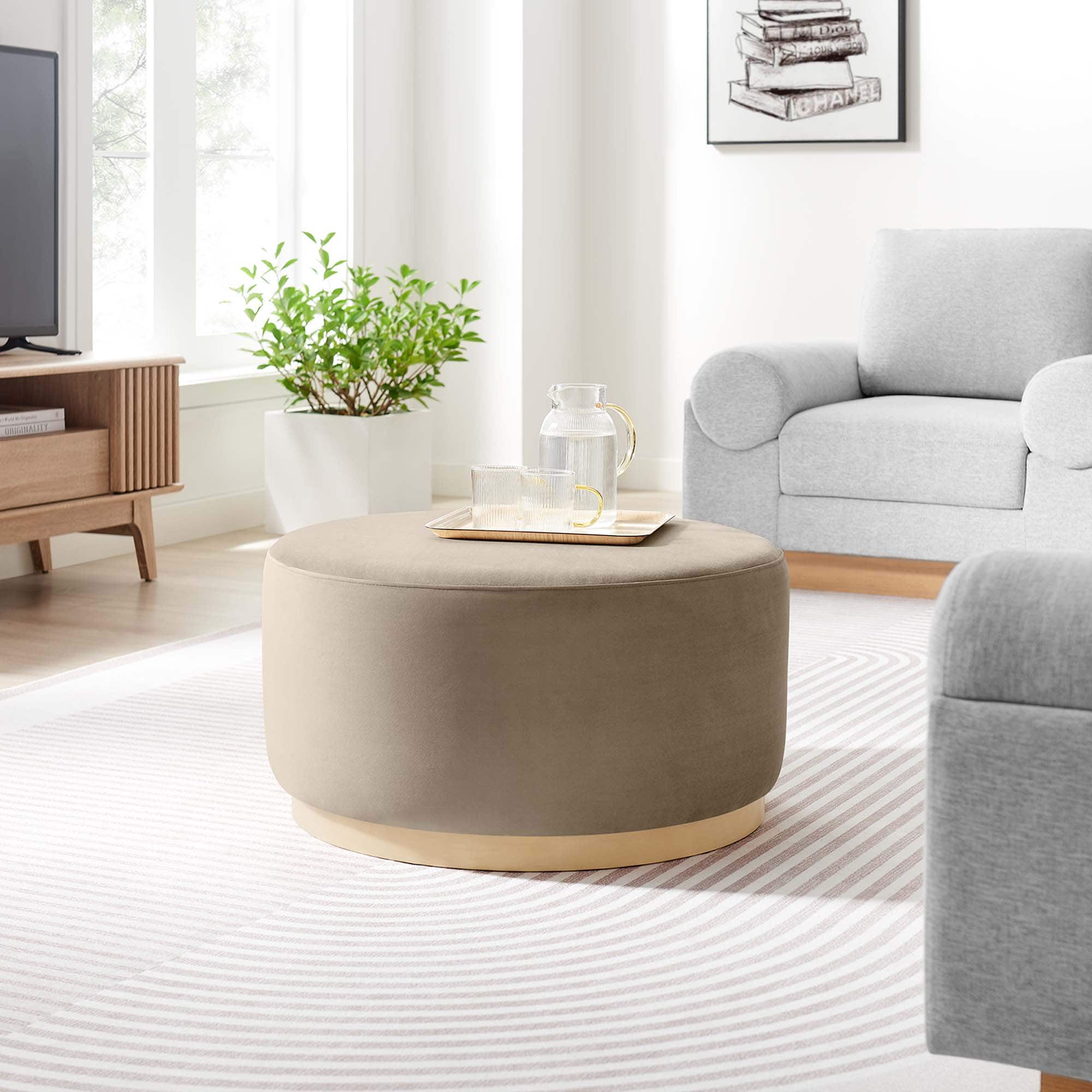 Tilden Large 29" Round Performance Velvet Upholstered Ottoman by Modway - Taupe Natural