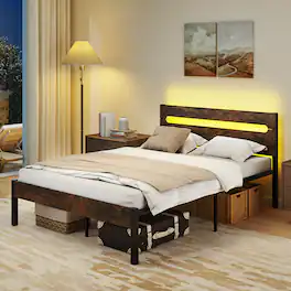 Costway - Full Size Bed Frame with Built-in Charging Station Sturdy Mattress Foundation - Walnut + Black
