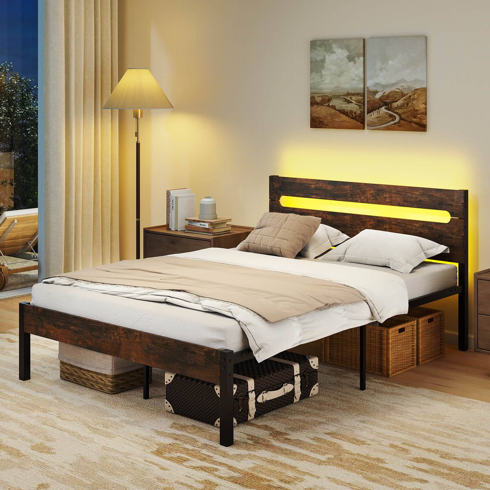 Alt View 1. Costway - Costway Full Size Bed Frame with Built-in Charging Station Sturdy Mattress Foundation - Walnut,Black.