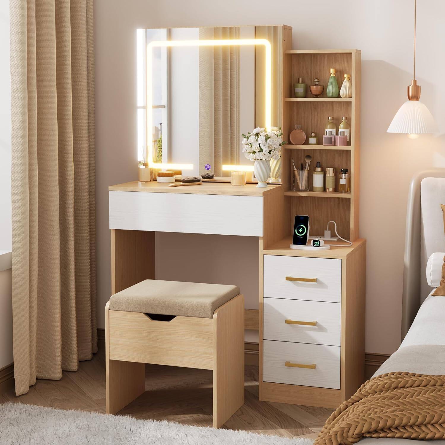 Front. Homhougo - Makeup Vanity Desk with Sliding Mirror and Lights, 4 Drawers, Stool, Natural Wood - Natural.