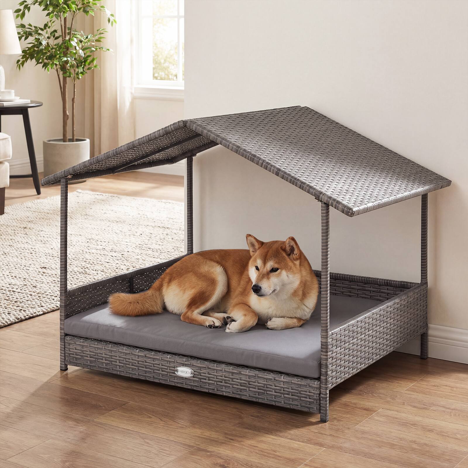 Alt View 3. Gymax - Gymax Wicker Dog House w/ Canopy PE Rattan Dog Bed Waterproof Removable Cushion.