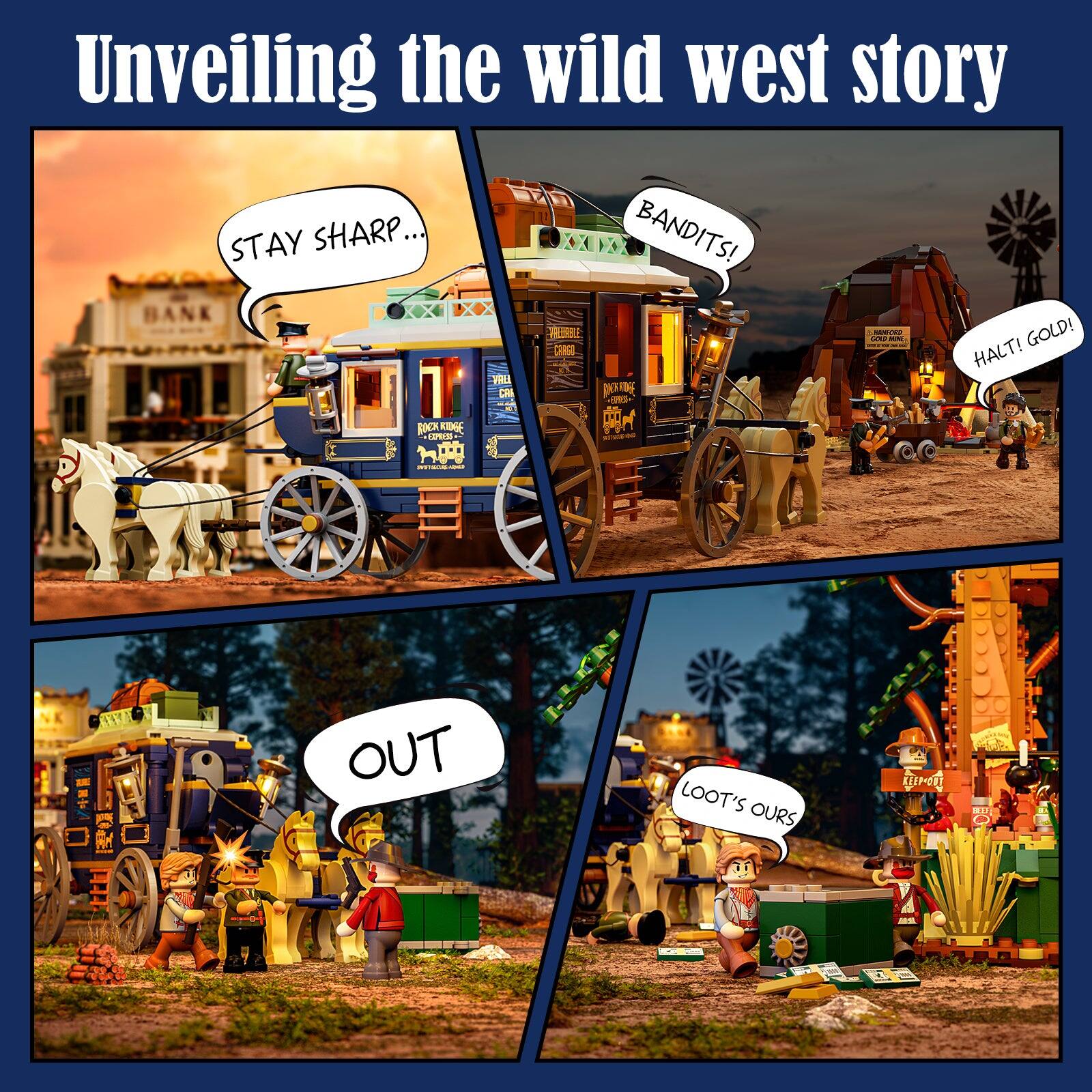 Unveiling the wild west story

STAY SHARP...

BANK

BANDITS!

HALT! GOLD!

OUT

LOOT'S OURS