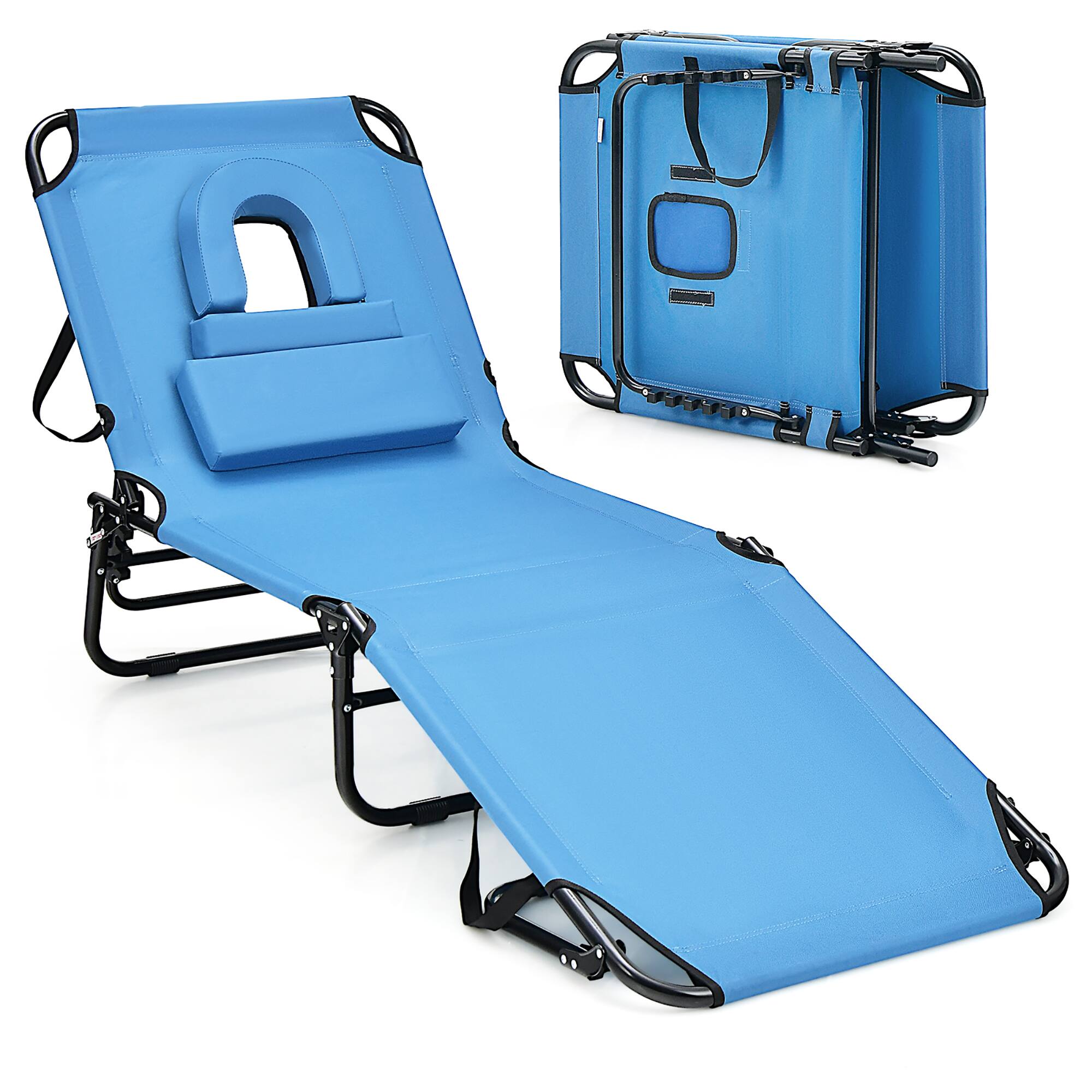Alt View 9. Gymax - Gymax 2PCS 5-Position Lounge Chair Adjustable Beach Chaise w/ Face Cavity & Pillows Blue - Blue,Black.