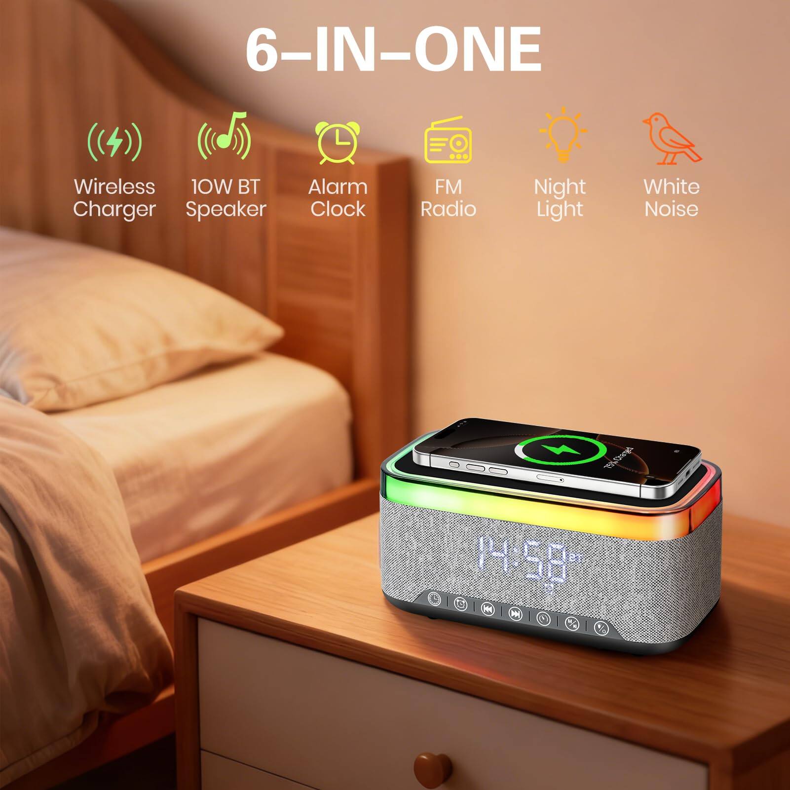 6-IN-ONE Wireless 10W BT Alarm Charger Speaker Clock FM Radio Night Light White Noise