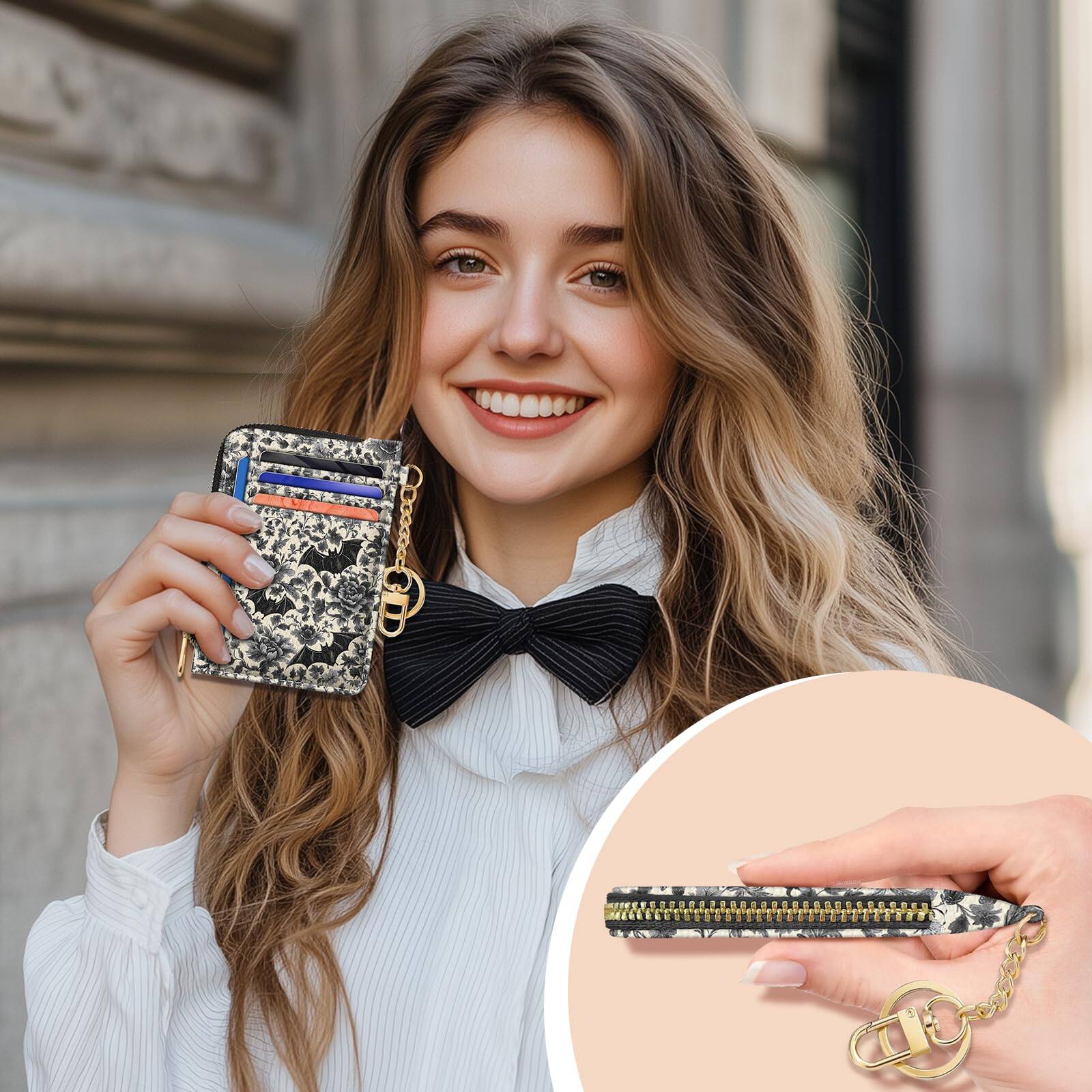 Left. Jadie Link - Slim Wallet Credit Card Holder Women Goth Bat Rfid Blocking Small Case Keychain Thin Pocket Curved Zipper Travel Leather - Black Cat Book.