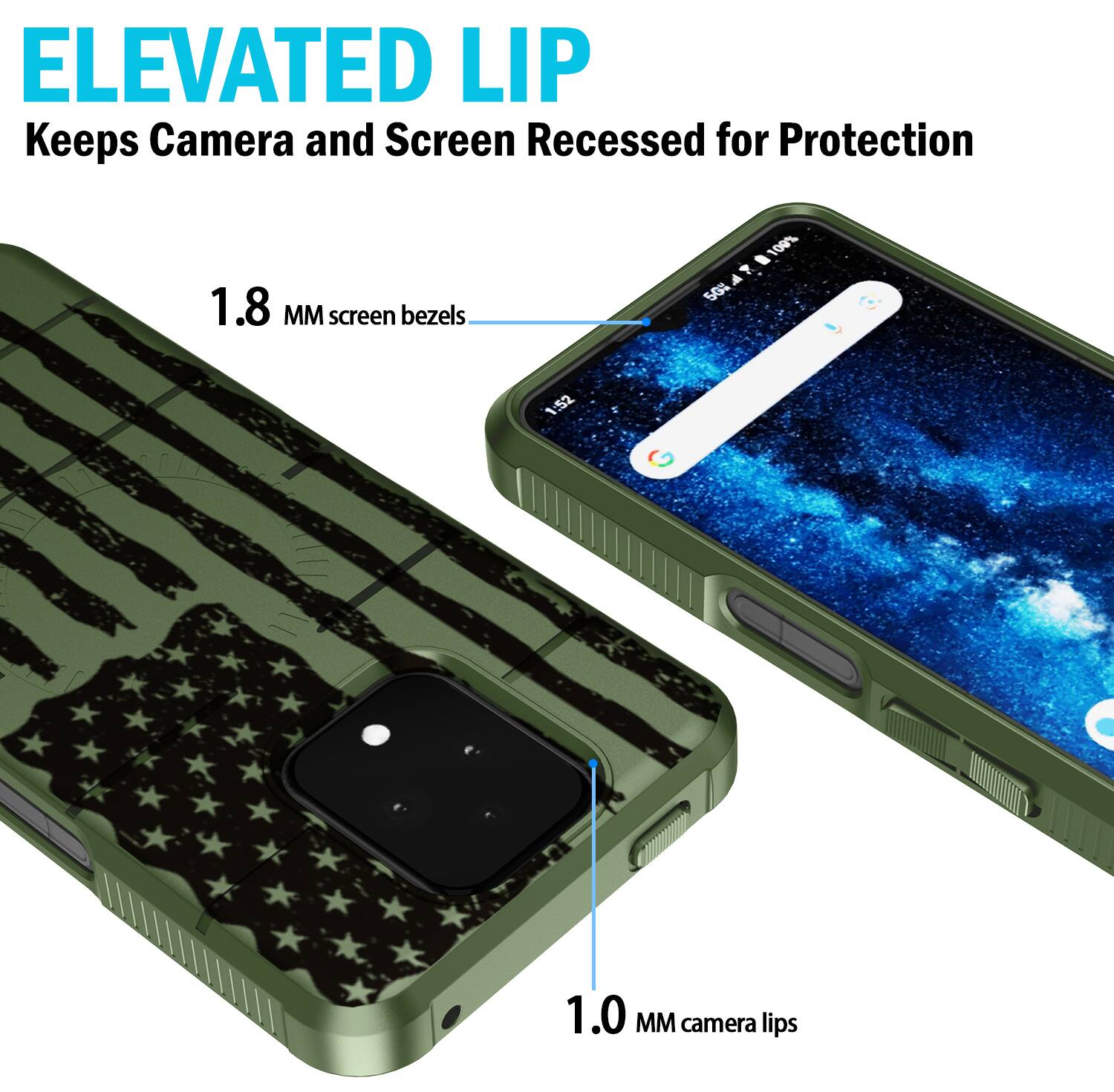 ELEVATED LIP  
Keeps Camera and Screen Recessed for Protection

1.8 MM screen bezels  
1.0 MM camera lips