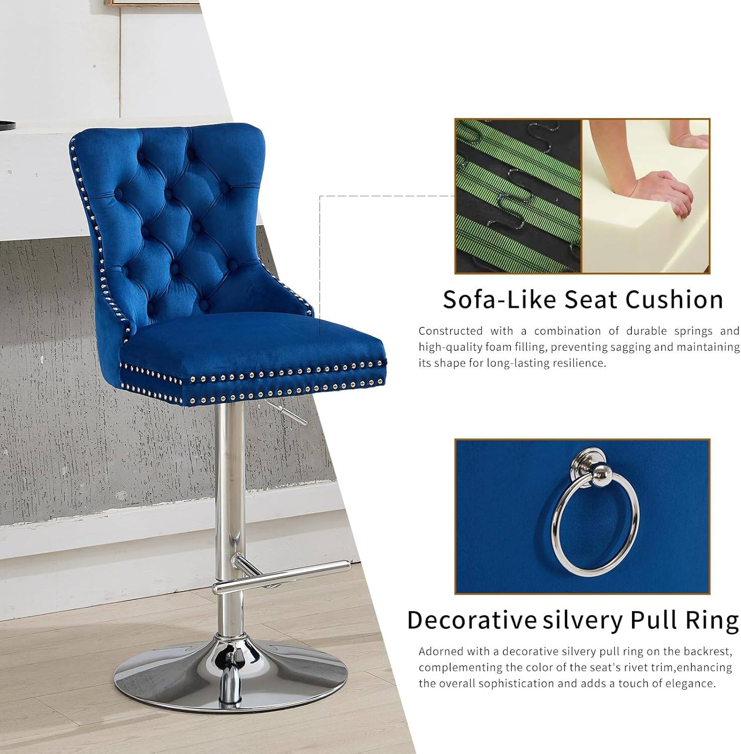 Sofa-Like Seat Cushion  
Constructed with a combination of durable springs and high-quality foam filling, preventing sagging and maintaining its shape for long-lasting resilience.

Decorative Silvery Pull Ring  
Adorned with a decorative silvery pull ring on the backrest, complementing the color of the seat's rivet trim, enhancing the overall sophistication and adding a touch of elegance.