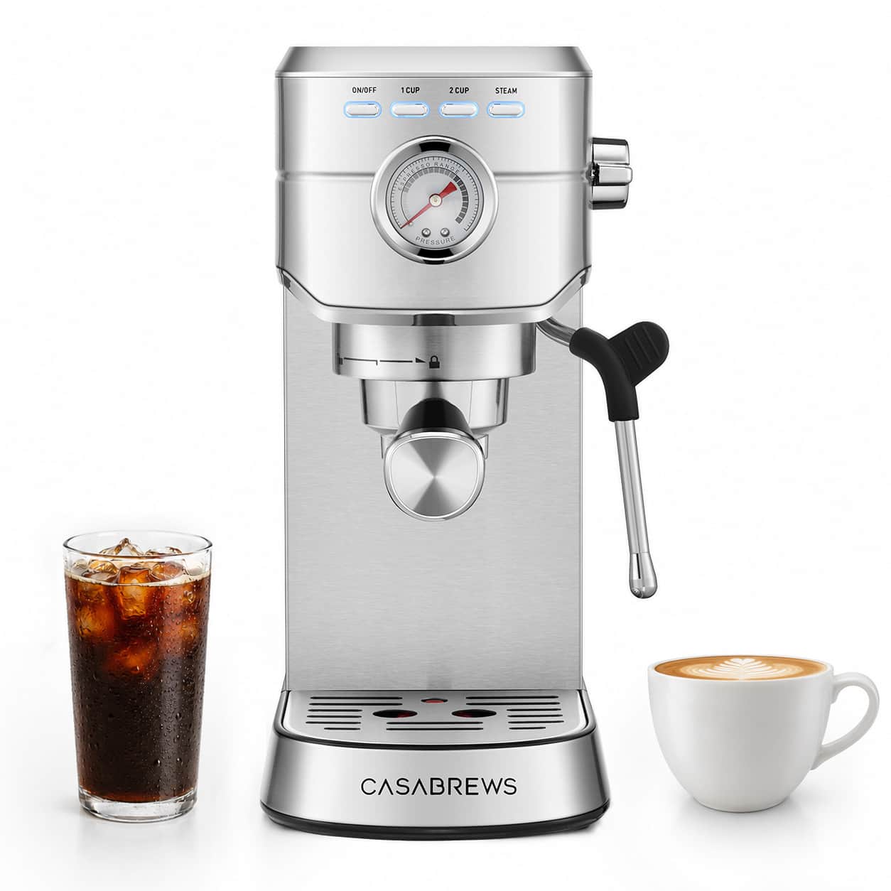Casabrews - CM5418 Espresso Machine, 20-Bar Coffee Maker with PID Temperature Control, Pressure Gauge, Pre-Infusion, Steam Wand - Silver