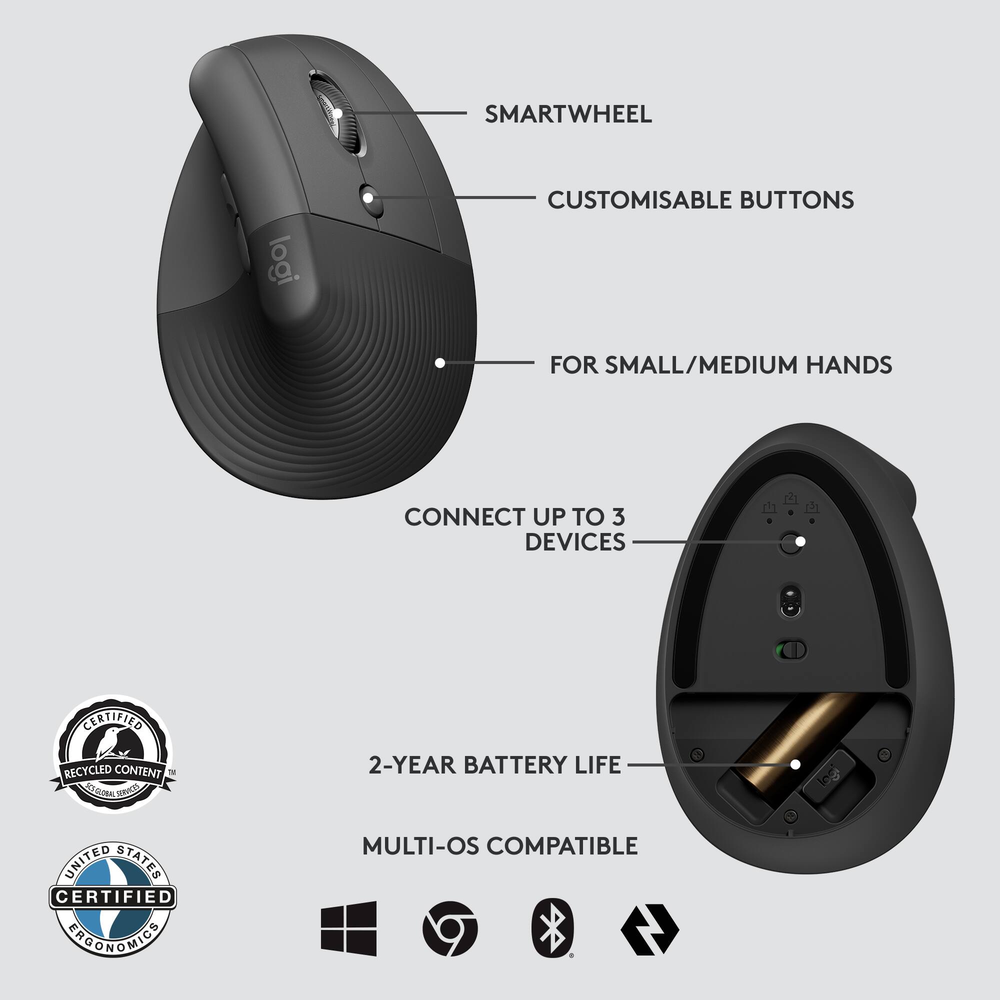 SMARTWHEEL  
CUSTOMISABLE BUTTONS  
FOR SMALL/MEDIUM HANDS  

CONNECT UP TO 3 DEVICES  

2-YEAR BATTERY LIFE  

MULTI-OS COMPATIBLE  

CERTIFIED RECYCLED CONTENT  
UNITED STATES CERTIFIED ERGONOMIC
