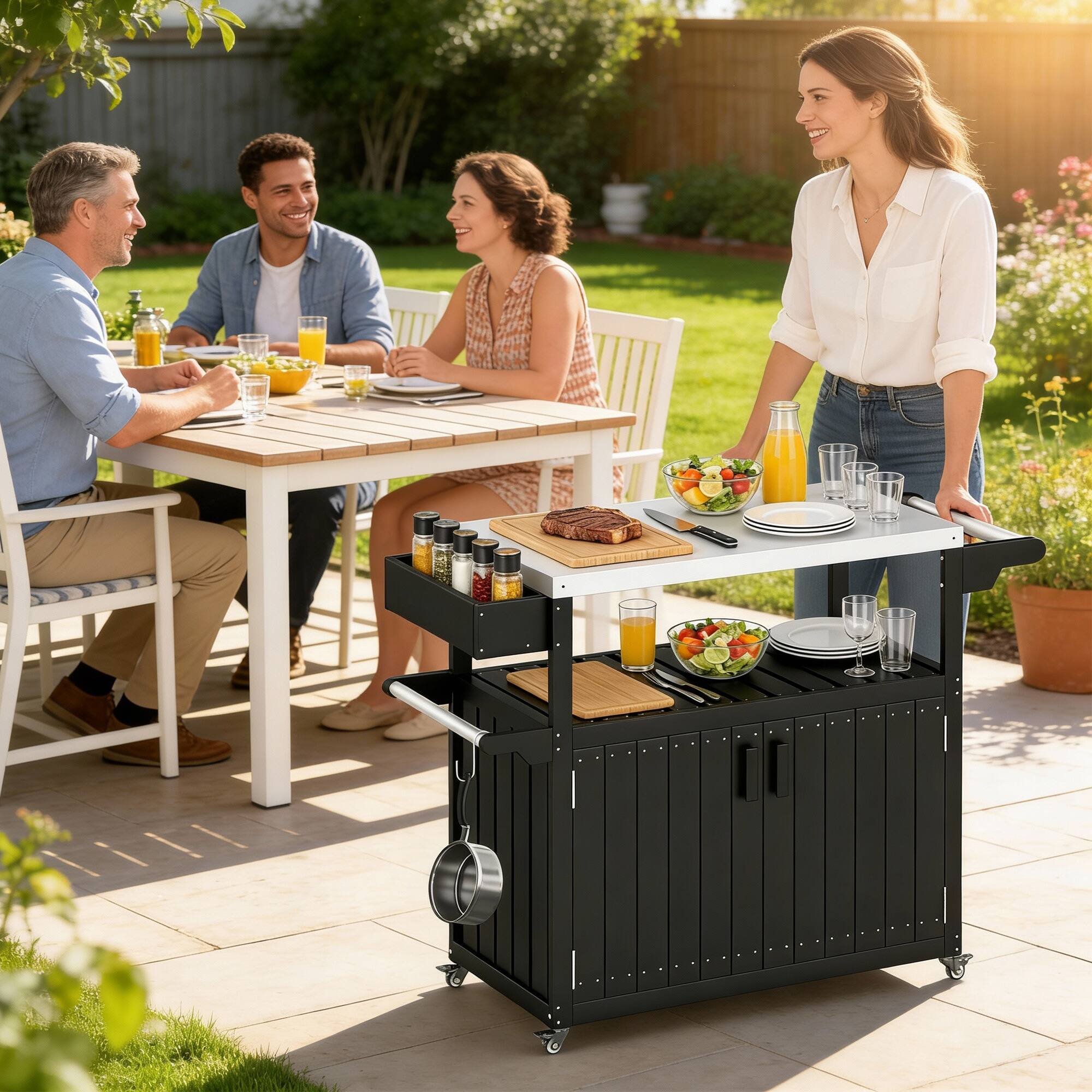Alt View 8. Outsunny - Bar Cart with Storage, Stainless Steel Outdoor Bar Table Top - Black.