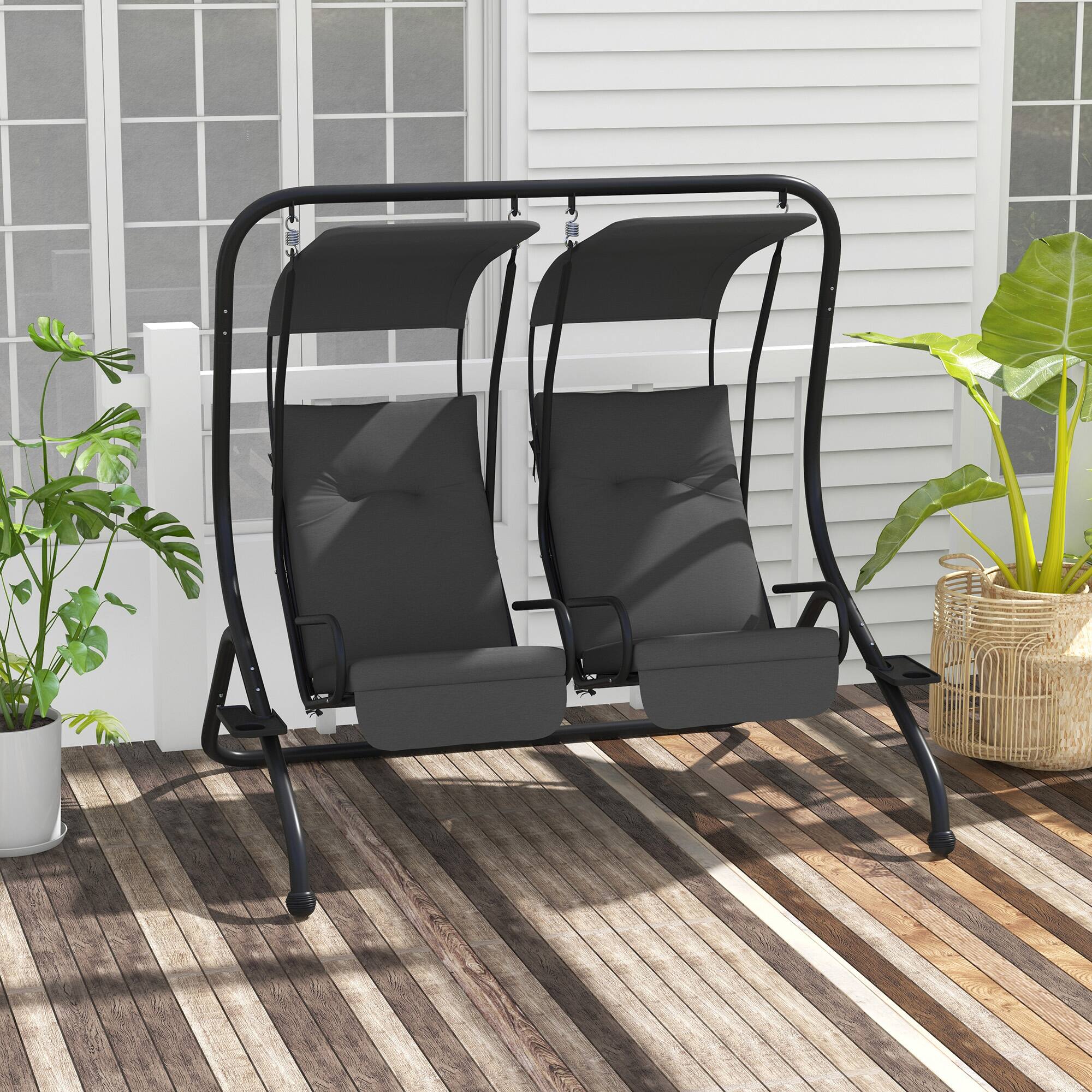 Angle. Outsunny - Outsunny Patio Swing Chair with 2 Separate Seats Outdoor Swing with Removable Canopy and Cup Holders for Porch.