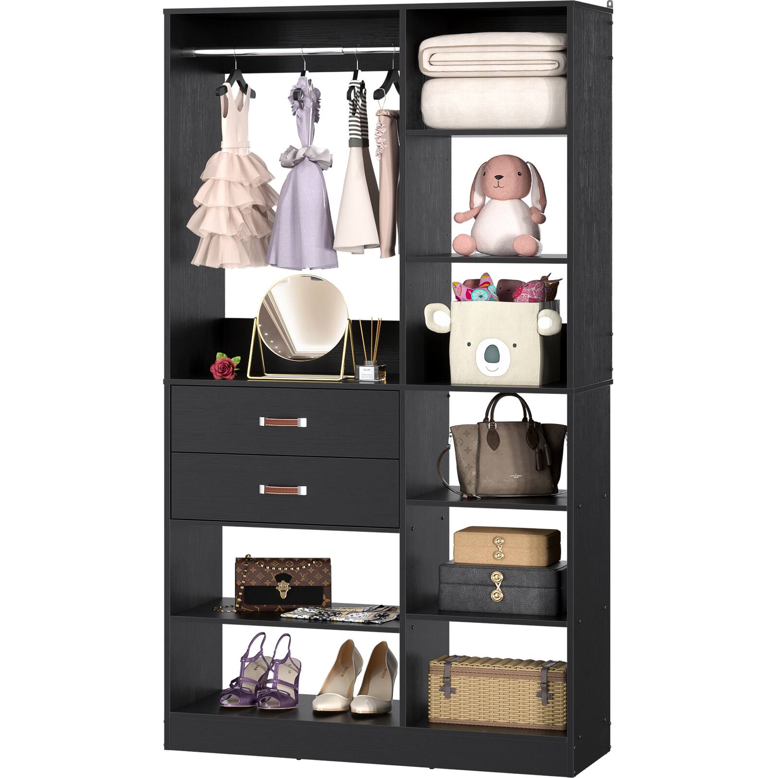 Alt View 1. Aheaplus - Freestanding Closet System, 40'' Heavy Duty Closet Organizer with 2 Drawers, Hanging Rod & 10 Shelves - Black.