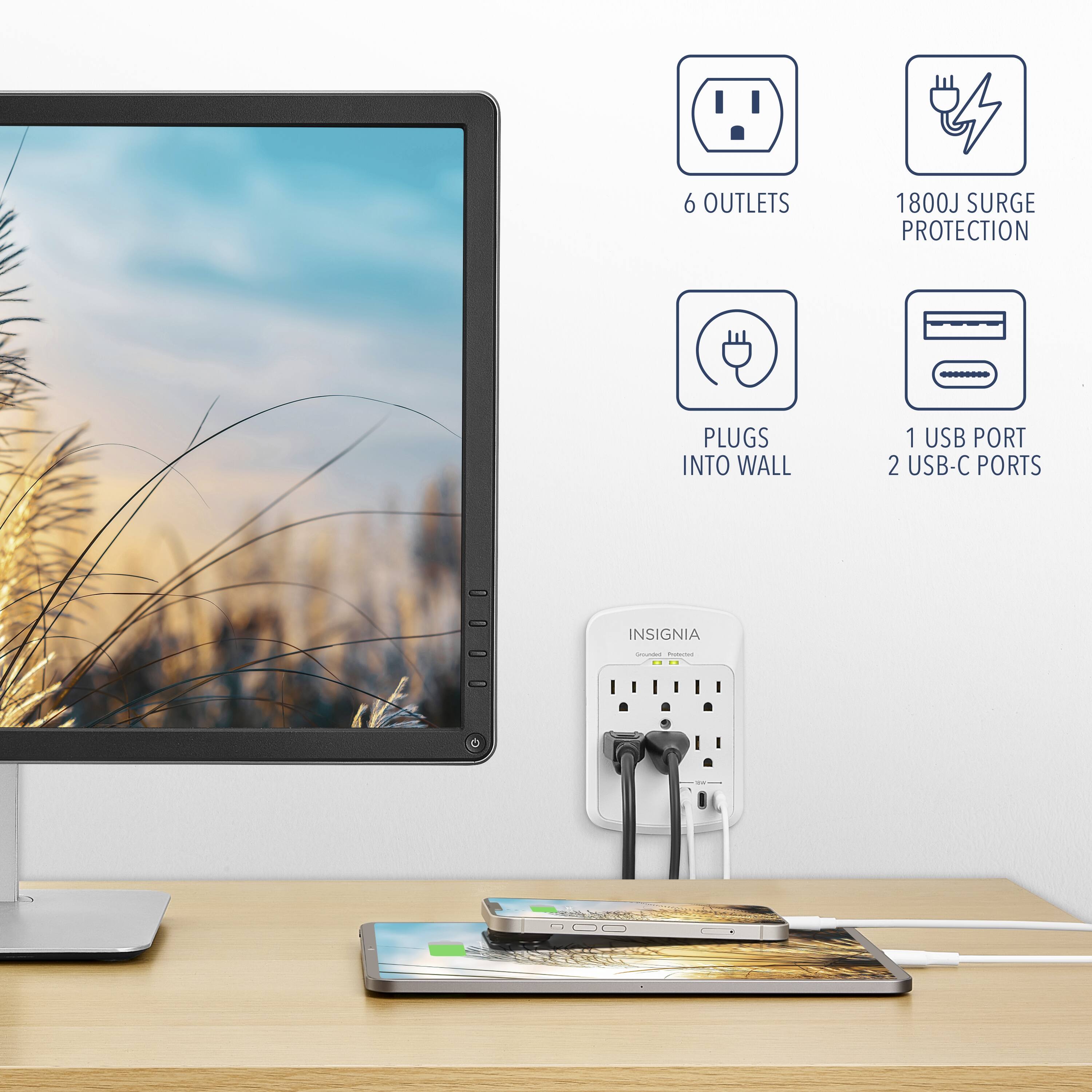 6 OUTLETS, 1800J SURGE PROTECTION, PLUGS INTO WALL, 1 USB PORT, 2 USB-C PORTS, INSIGNIA