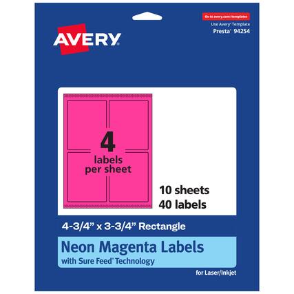 Go to avery.com/templates
AVERY
Use Avery Template Presta* 94254
4 labels per sheet
10 sheets
40 labels
4-3/4" x 3-3/4" Rectangle
Neon Magenta Labels
with Sure Feed Technology
for Laser/Inkjet