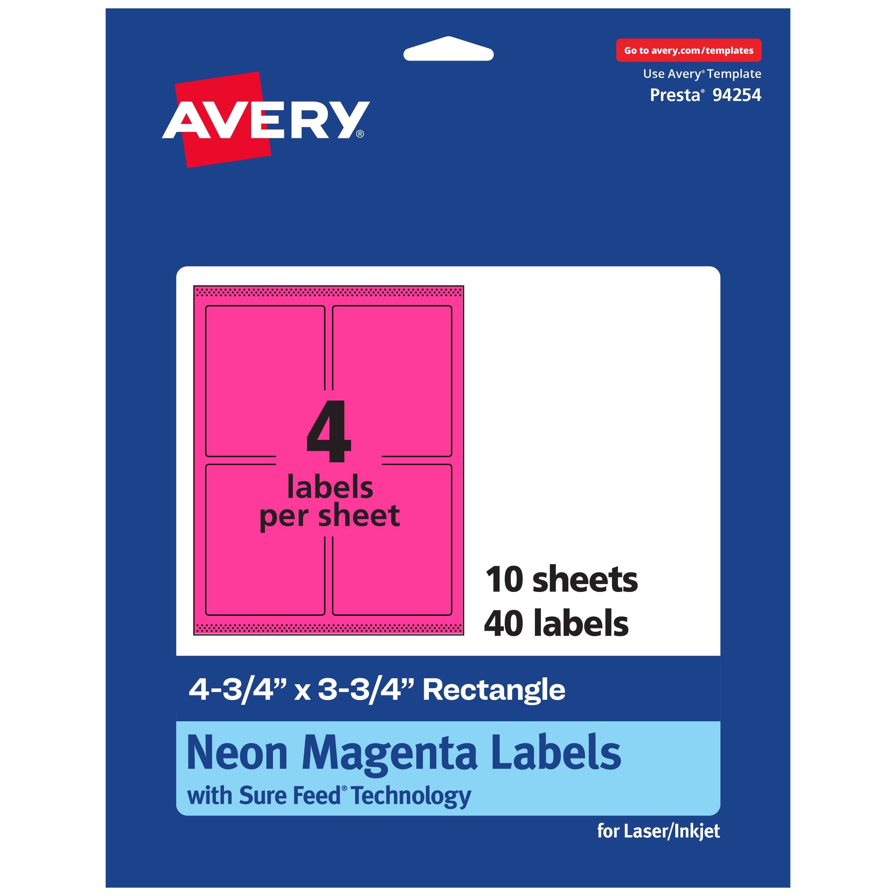 Go to avery.com/templates  
AVERY  
Use Avery Template Presta* 94254  

4 labels per sheet  
10 sheets  
40 labels  

4-3/4" x 3-3/4" Rectangle  
Neon Magenta Labels  
with Sure Feed Technology  
for Laser/Inkjet