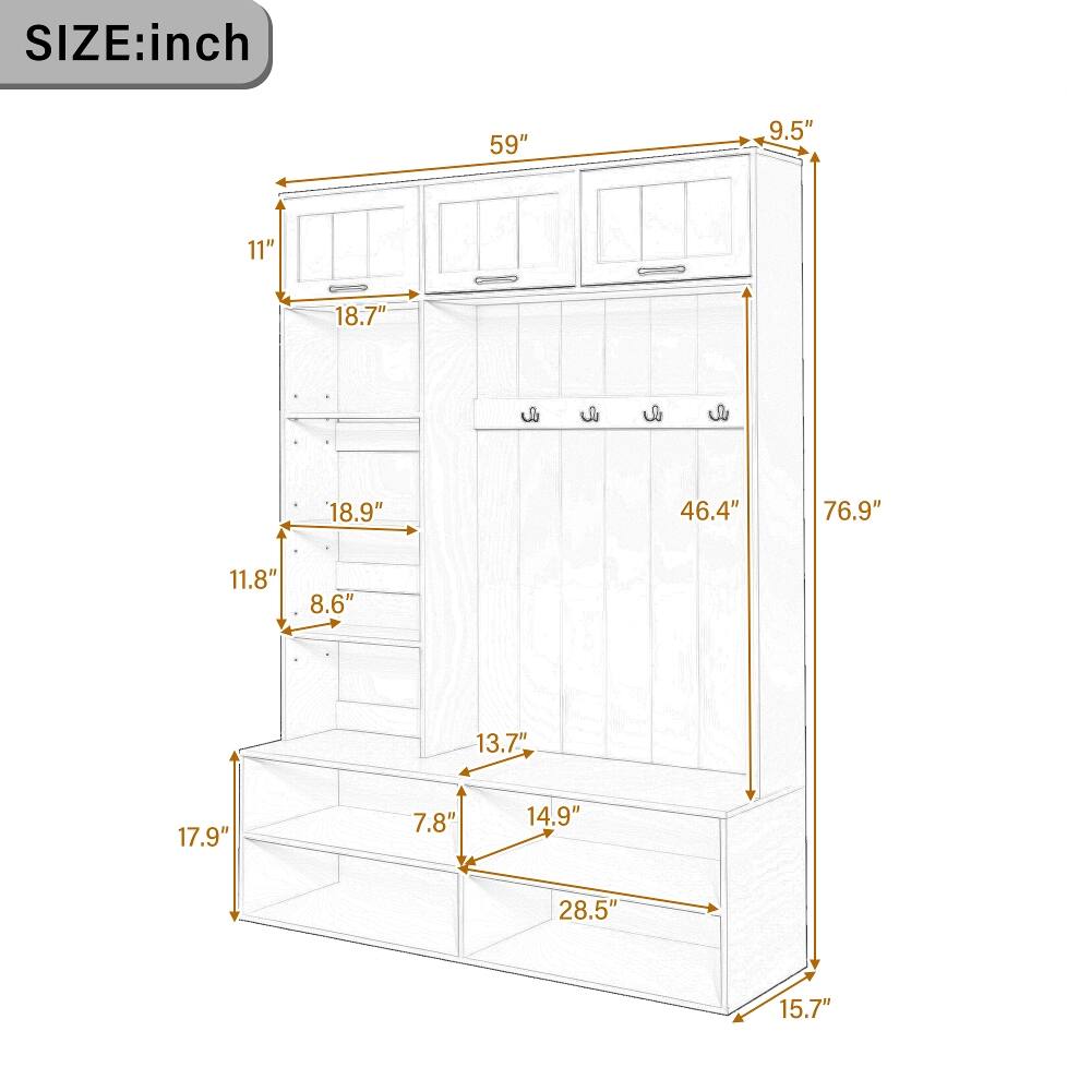 SIZE: inch

59"
9.5"
11"
18.7"
18.9"
46.4"
76.9"
11.8"
8.6"
13.7"
17.9"
7.8"
14.9"
28.5"
15.7"