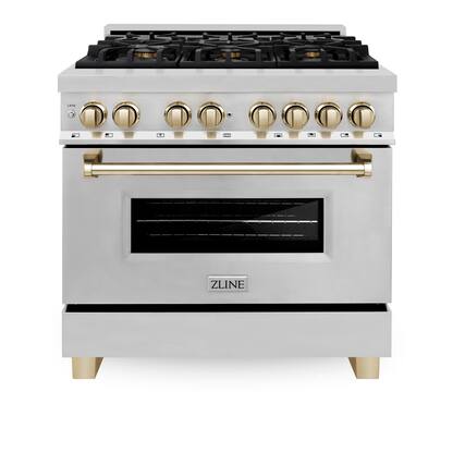Front. ZLINE - Autograph 36" Legacy Dual Fuel Range w/ 6 Burners & Polished Gold Accents (RAZ-36-G) - Stainless Steel/Polished Gold Accents.