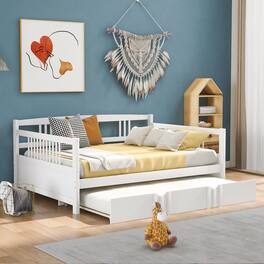 Tiramisubest - Full Size Daybed Wood Bed with Twin Size Trundle,White - White