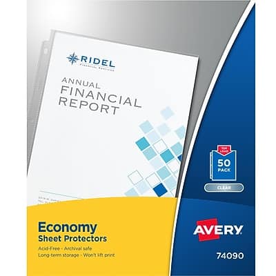 RIDEL ANNUAL FINANCIAL REPORT  
50 PACK CLEAR  
Economy Sheet Protectors  
Acid-Free - Archival safe  
Long-term storage - Won't lift print  
AVERY 74090