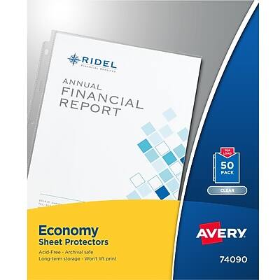 RIDEL ANNUAL FINANCIAL REPORT  
50 PACK CLEAR  
Economy Sheet Protectors  
Acid-Free - Archival safe  
Long-term storage - Won't lift print  
AVERY 74090