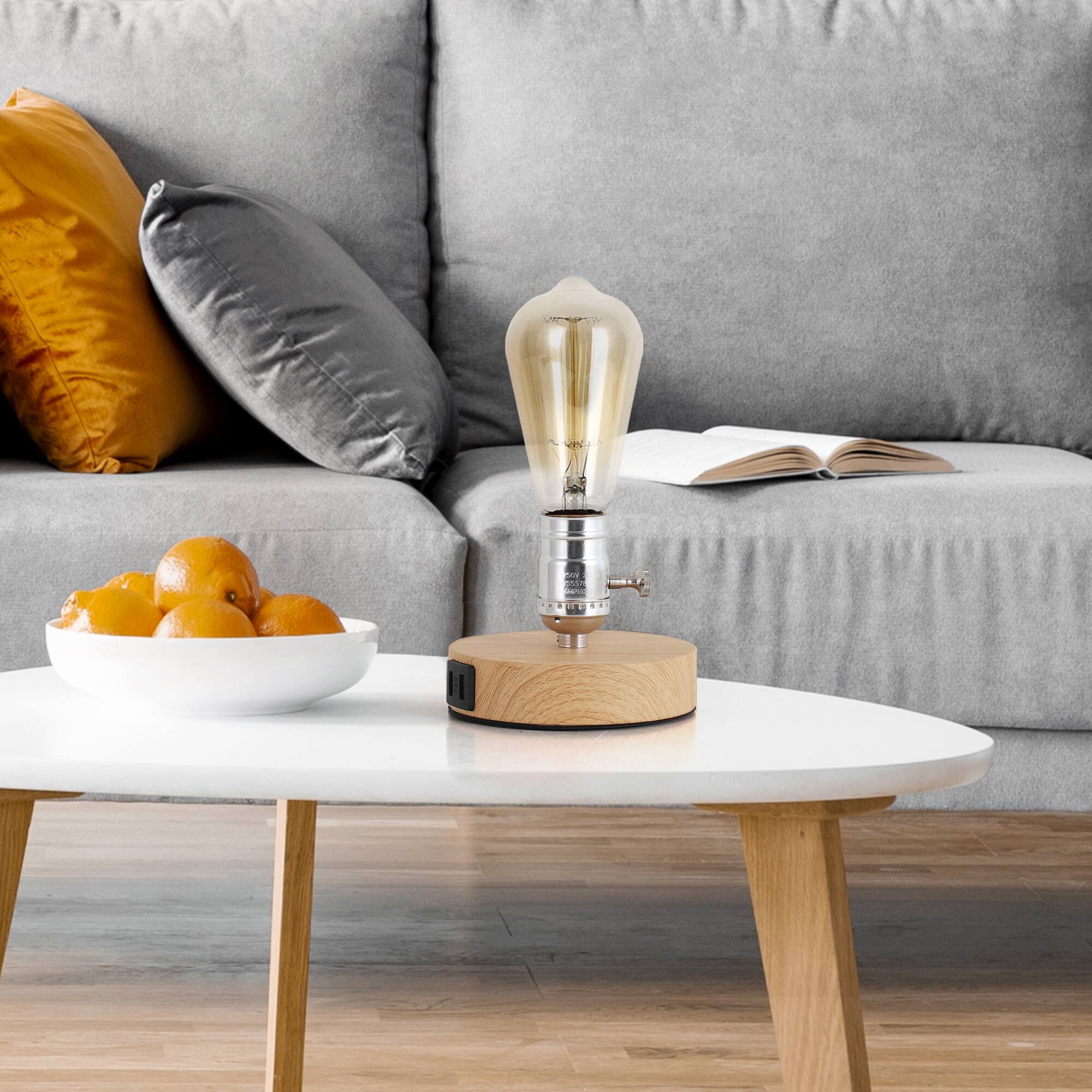 Alt View 2. Oumilen - Wooden Base Edison Table Lamp with USB Ports – Minimalist Industrial Desk Lamp with Rotary Switch.