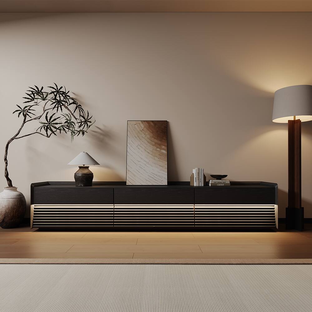 Angle. POVISON - 95"Fully-Assembled Mid-Century TV Stand, Black Modern Cabinet with Adjustable Light, Perfect for 85-inch TVs - Black.