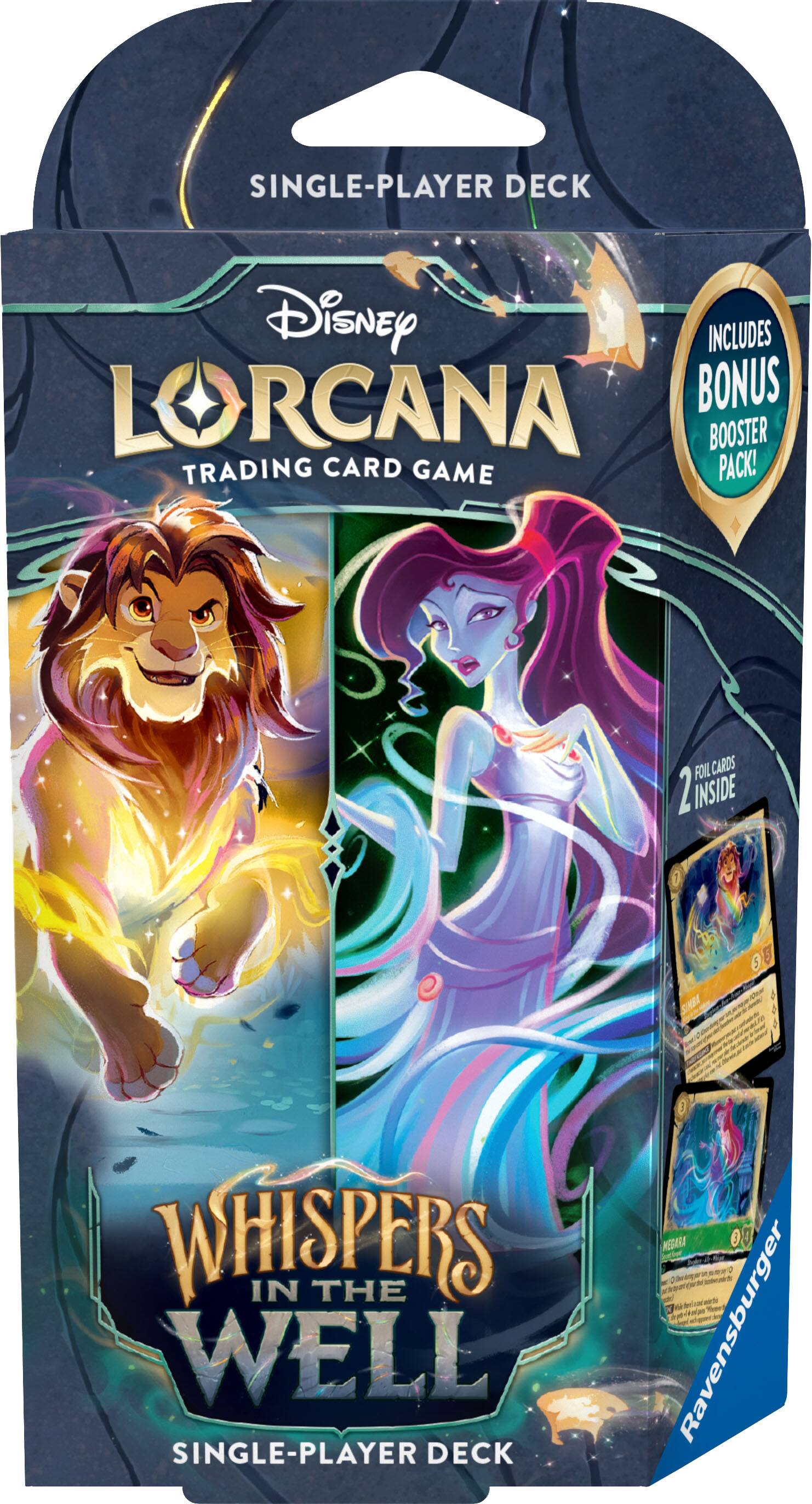 SINGLE-PLAYER DECK  
Disney LORCANA  
TRADING CARD GAME  

WHISPERS IN THE WELL  
SINGLE-PLAYER DECK  

INCLUDES BONUS BOOSTER PACK!  
2 FOIL CARDS INSIDE  

Ravensburger