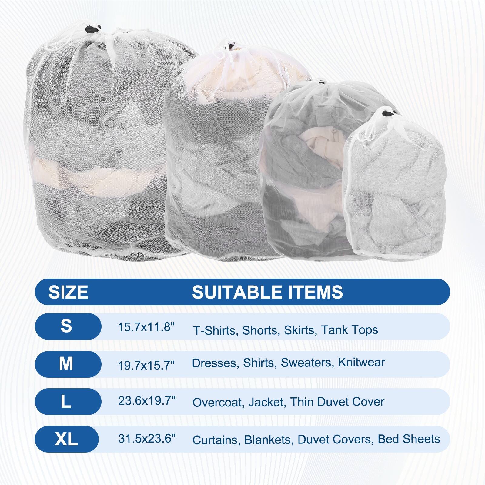 SIZE | SUITABLE ITEMS  
S | 15.7x11.8" | T-Shirts, Shorts, Skirts, Tank Tops  
M | 19.7x15.7" | Dresses, Shirts, Sweaters, Knitwear  
L | 23.6x19.7" | Overcoat, Jacket, Thin Duvet Cover  
XL | 31.5x23.6" | Curtains, Blankets, Duvet Covers, Bed Sheets