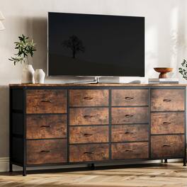 Babevy - 63 Inch TV Stand with 14 Fabric Drawers, Long Dresser for TV Up to 75 Inch, Entertainment Center with Power Outlet - Brown