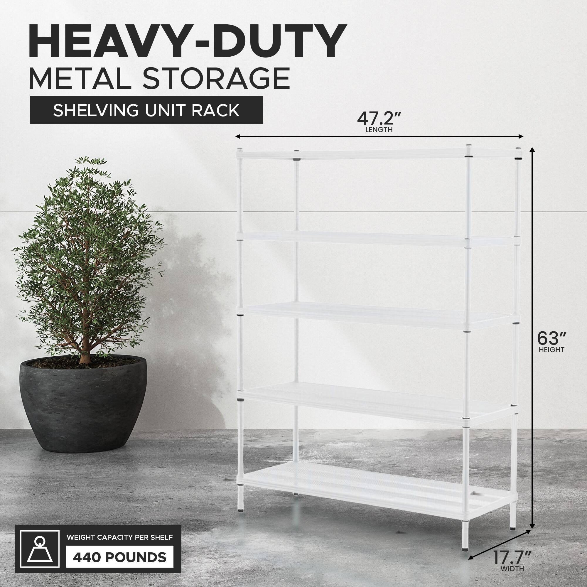 HEAVY-DUTY METAL STORAGE SHELVING UNIT RACK

- LENGTH: 47.2"
- HEIGHT: 63"
- WIDTH: 17.7"
- WEIGHT CAPACITY PER SHELF: 440 POUNDS