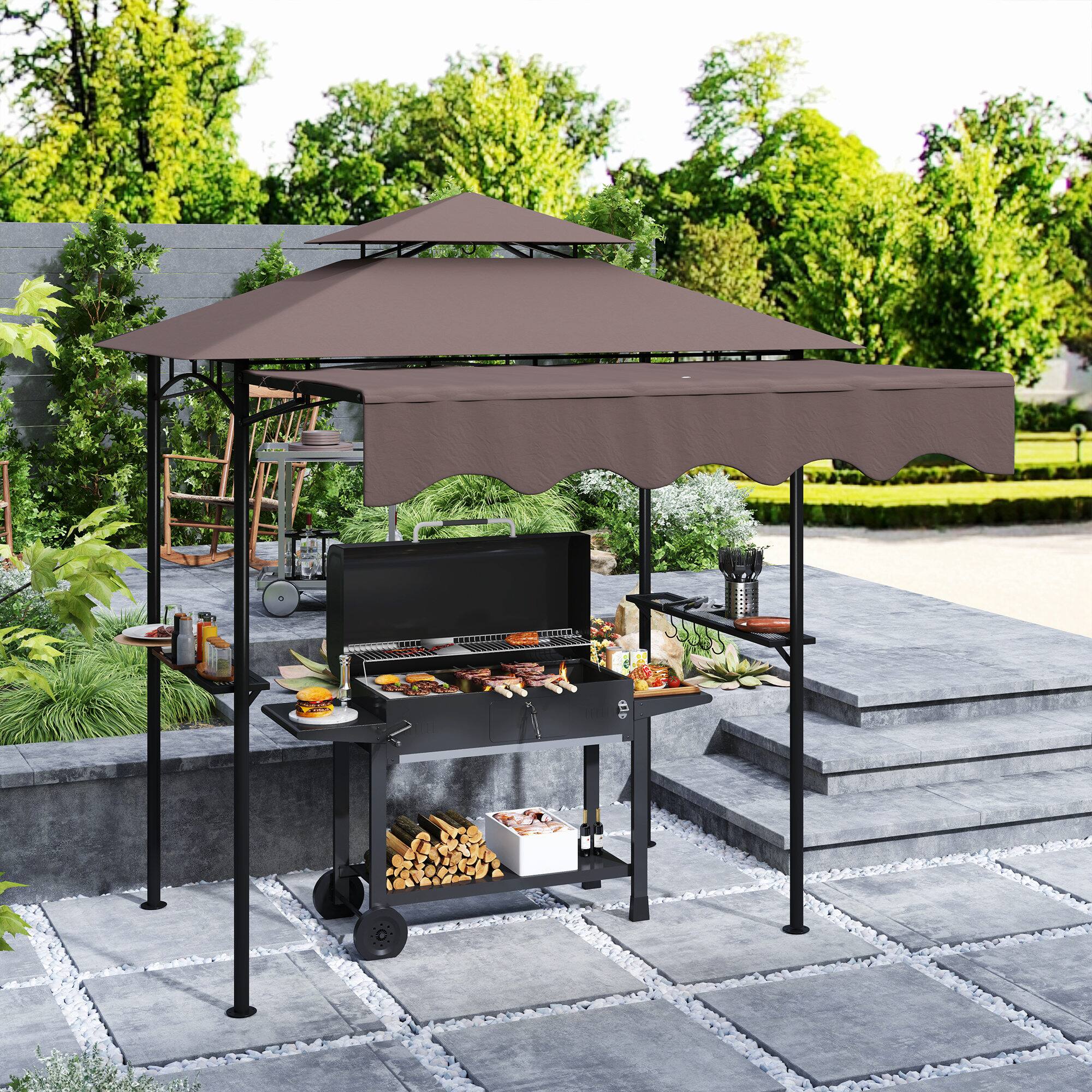 Alt View 1. Outsunny - 8' x 5' Grill Gazebo, Double Tiered Outdoor BBQ Gazebo with Side Awning, 2 Side Shelves and 6 Hooks - Brown.