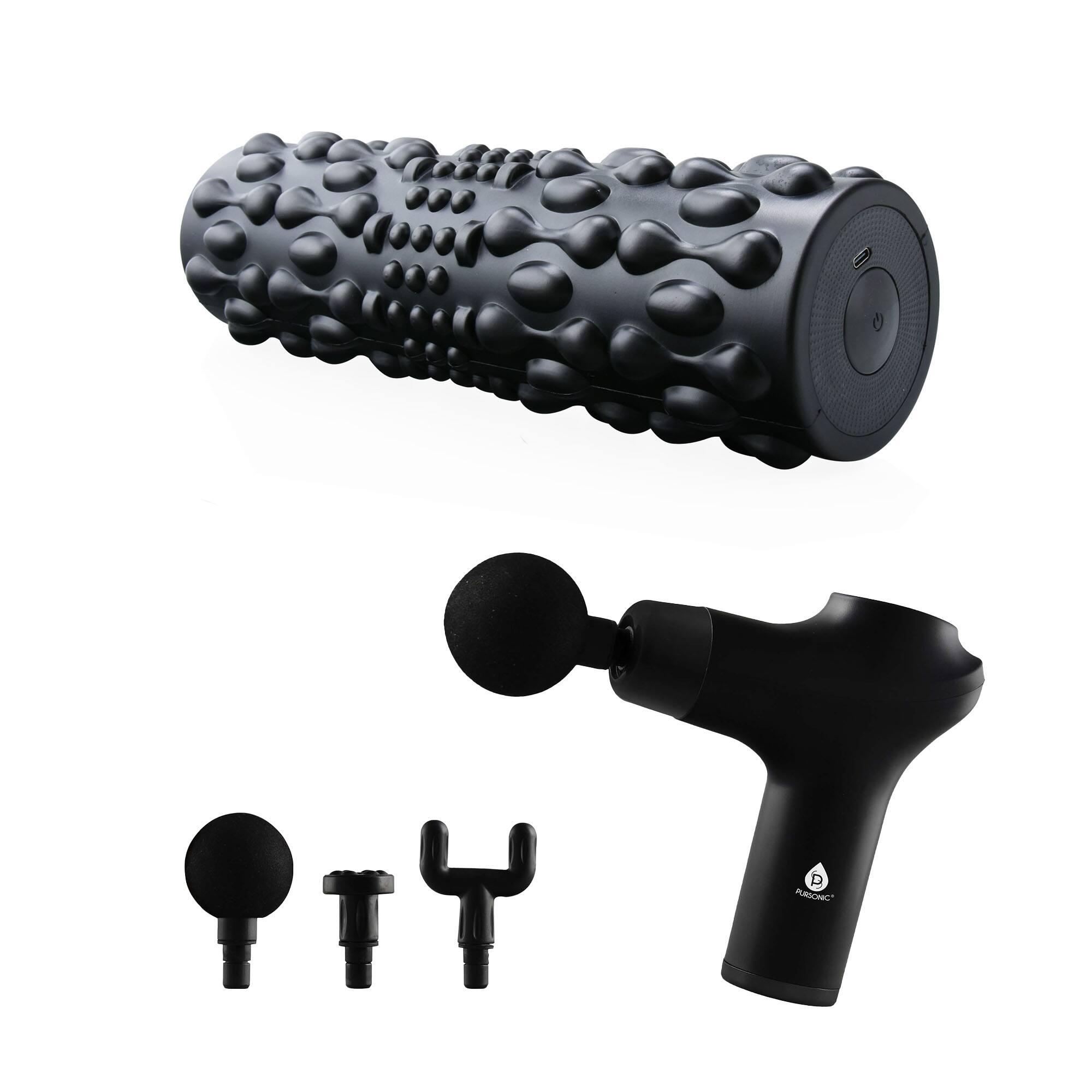 Front. Pursonic - Pursonic Deep Tissue Recovery Bundle – 3-Speed Massage Gun + FlexiPulse 5-Speed Vibrating Foam Roller - Black.