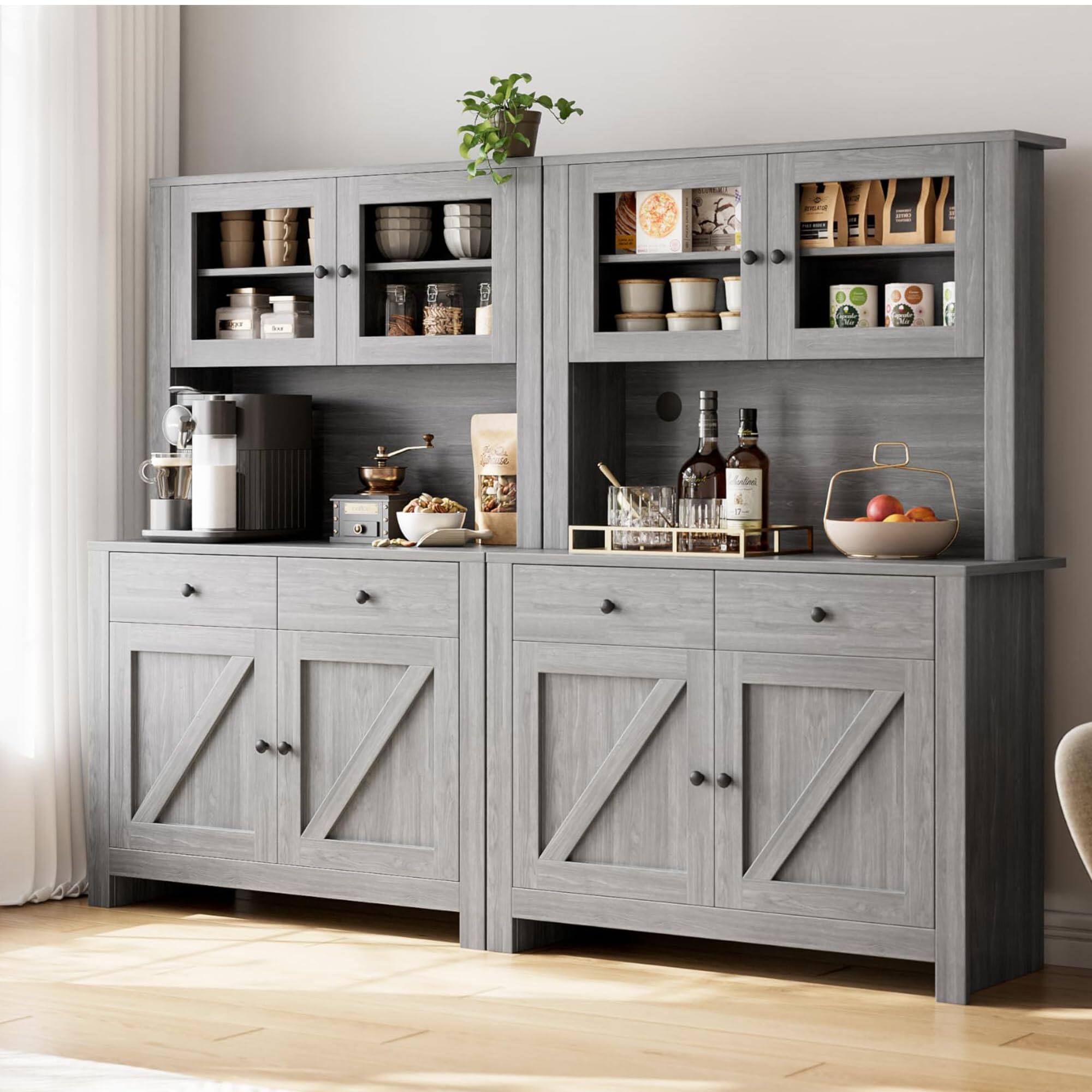 Left. Qeetex - Kitchen Pantry Cabinet with Microwave Stand, Freestanding Hutch Buffet with Adjustable Shelves & Glass Doors - Gray.