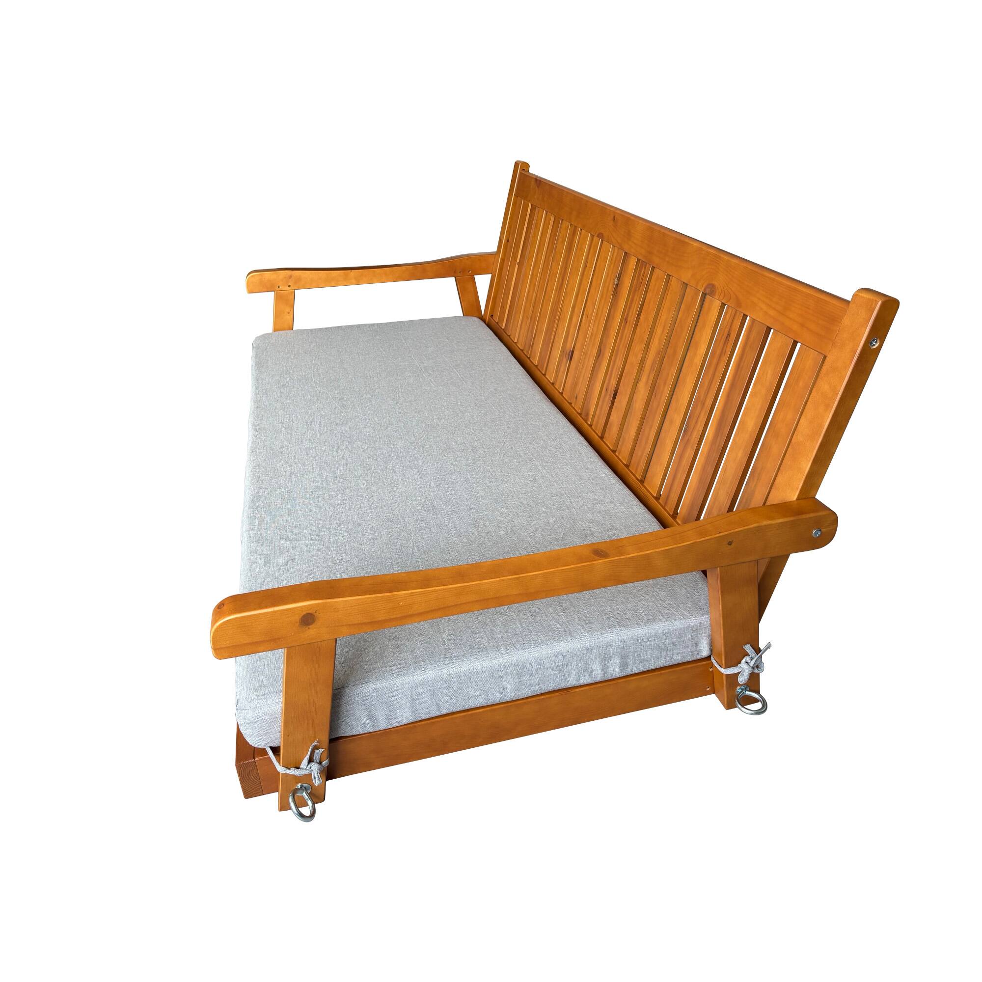 Left. Fortune Candy - 6FT Wooden Porch Swing Bed with Cushion, Solid Fir Frame, Weather-Resistant Outdoor Hanging Daybed, Heavy-Duty 1000LBS - Teak Tone.