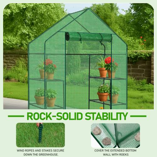 ROCK-SOLID STABILITY

WIND ROPES AND STAKES SECURE DOWN THE GREENHOUSE.

COVER THE EXTENDED BOTTOM WALL WITH ROEKS