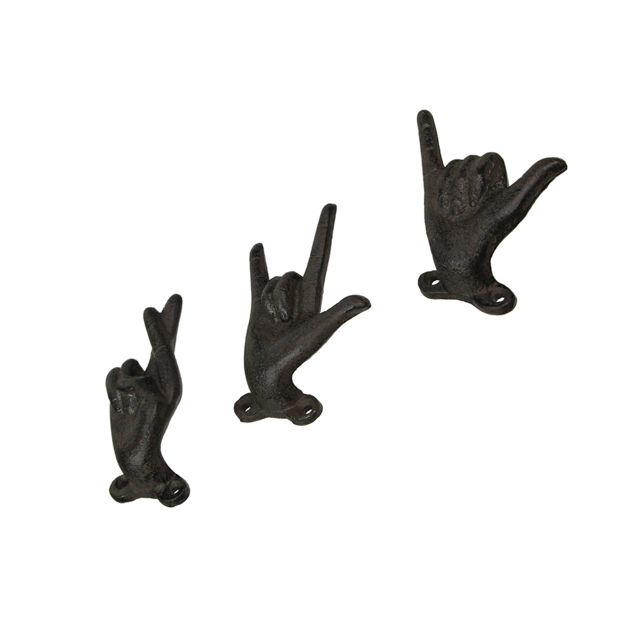 Alt View 2. Zeckos - Set of 3 Brown Cast Iron Hand Gesture Wall Hooks - Black.