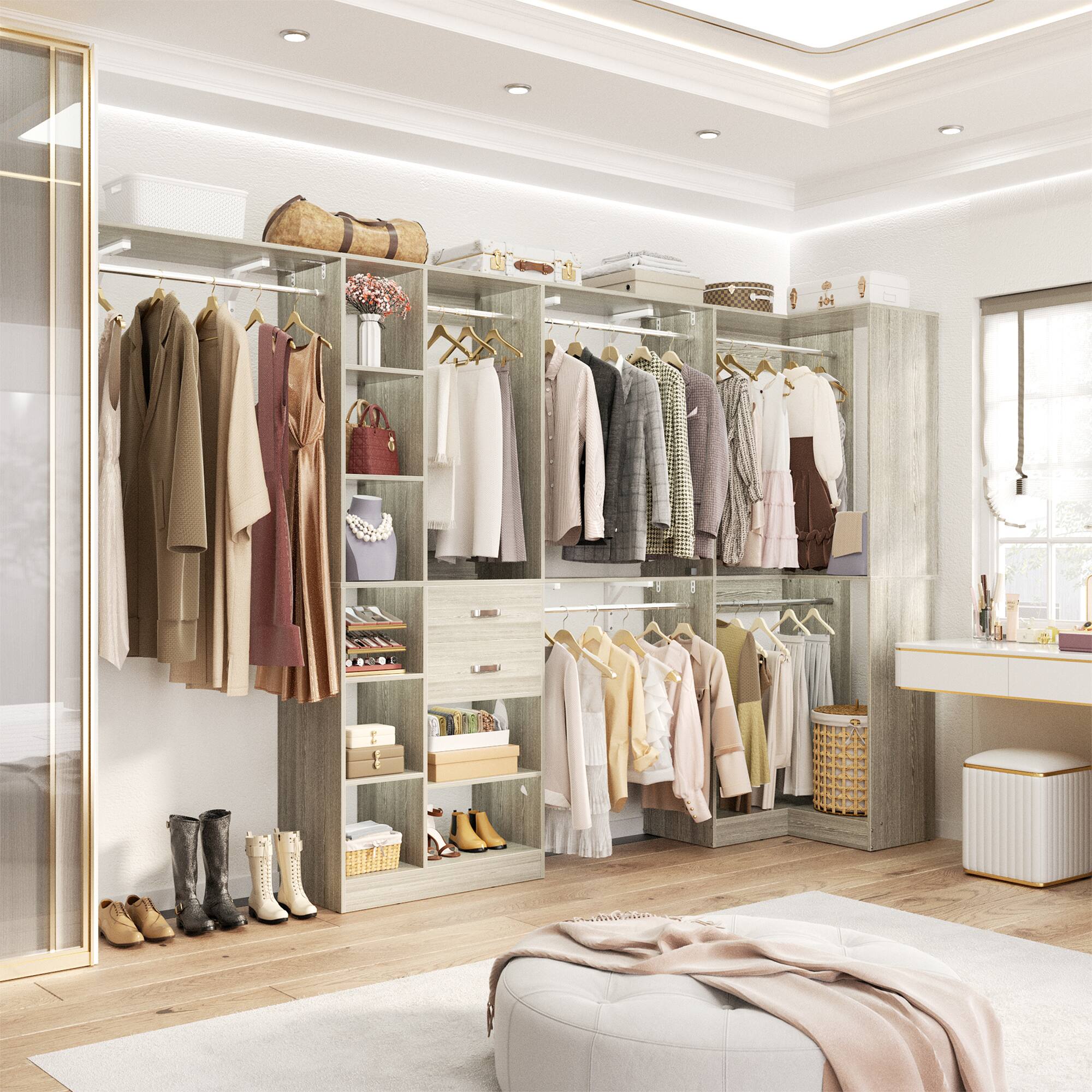 Left. Aheaplus - 127.5'' Corner Closet Organizer System Set of 2 with Drawers, Hanging Rod and Adjustable Shelves, Reversible - Beige Oak.