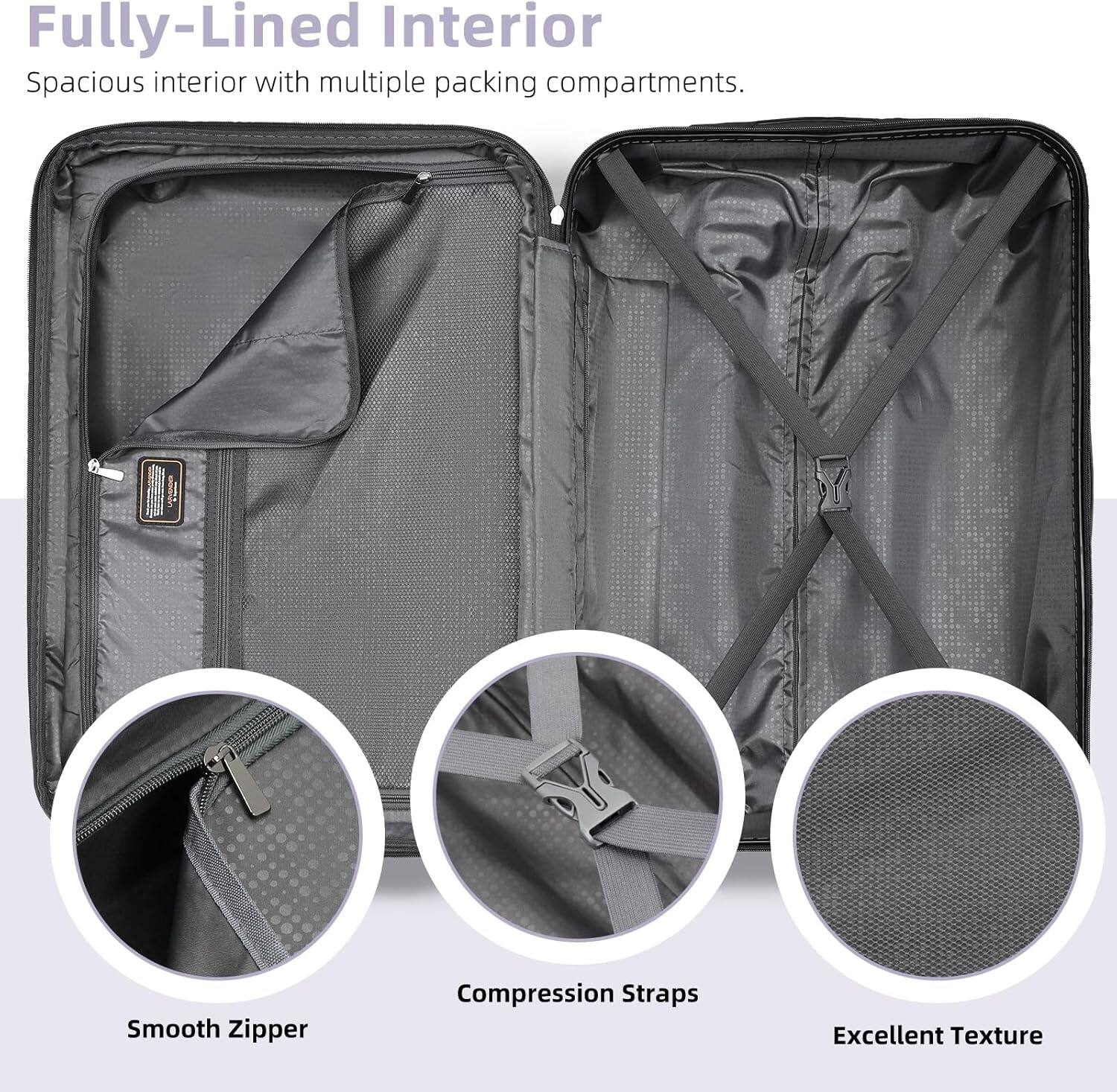 Fully-Lined Interior  
Spacious interior with multiple packing compartments.

- Smooth Zipper
- Compression Straps
- Excellent Texture