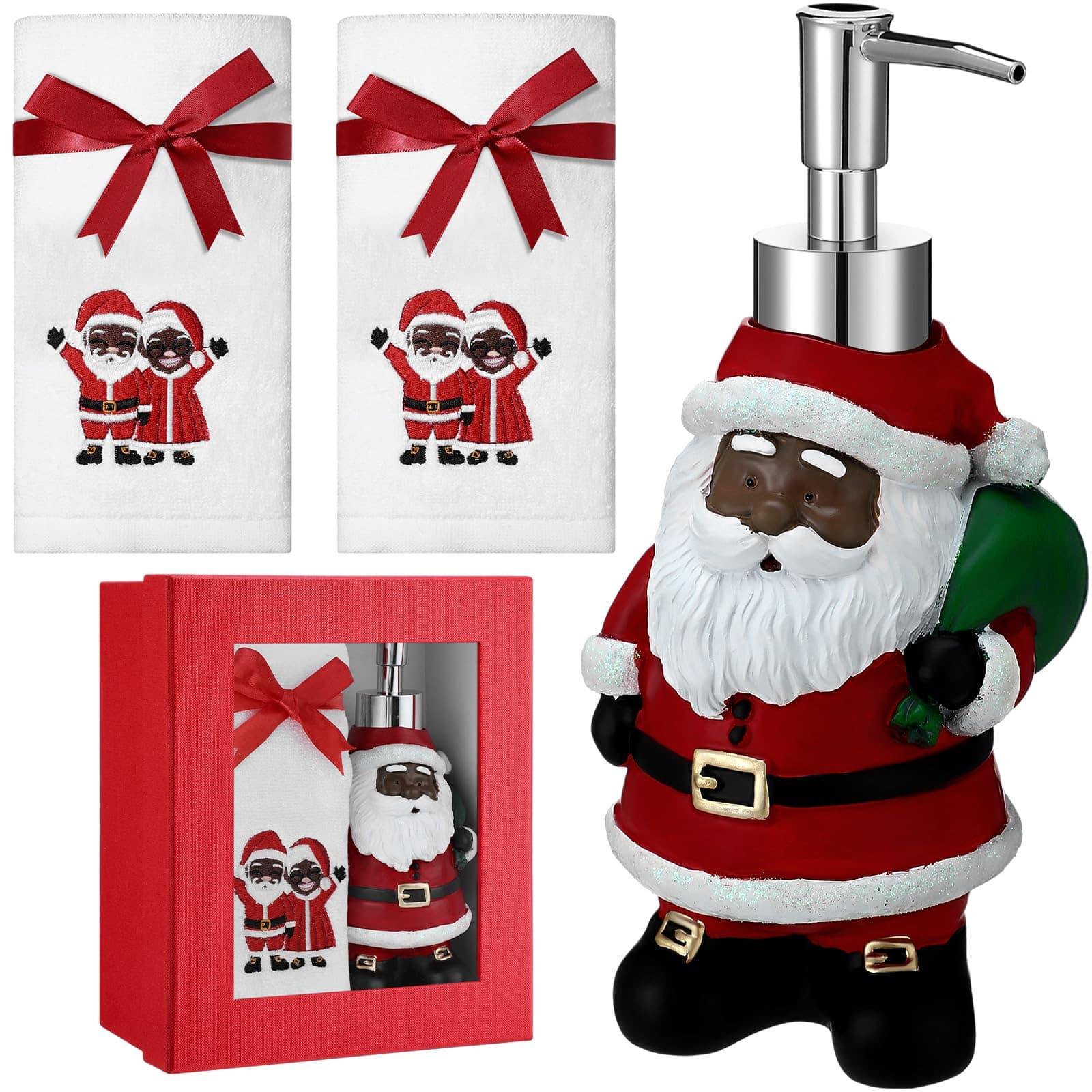 Dapper Styles - 4 Christmas Soap Dispenser And Hand Towels Set Festive Lotion Fingertip With Gift Box For Kitchen Home Deco - Multicolor-Black Santa