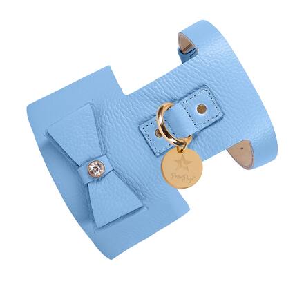 Front. PoisePup - Luxe Adjustable Leather Harness Vest, Soft with Bow and Crystal for Dogs - Blue.