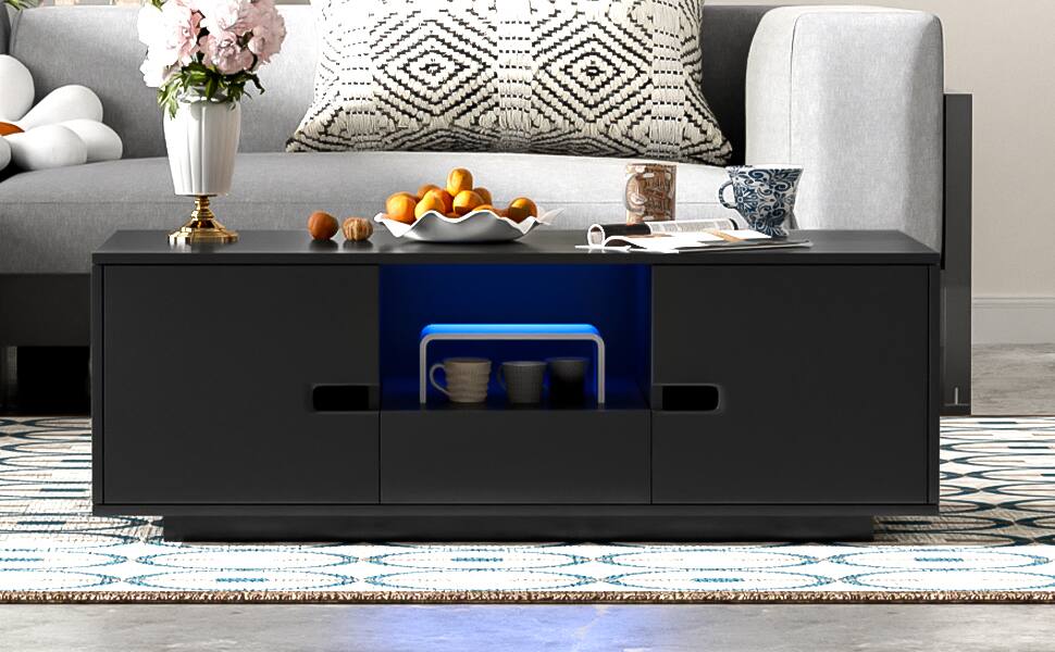 Back. Tiramisubest - Modern High Glossy Rectangle Coffee Table,Stylish Center Table with Storage Space,Accent Table with 16 Color LED Lights - Black.
