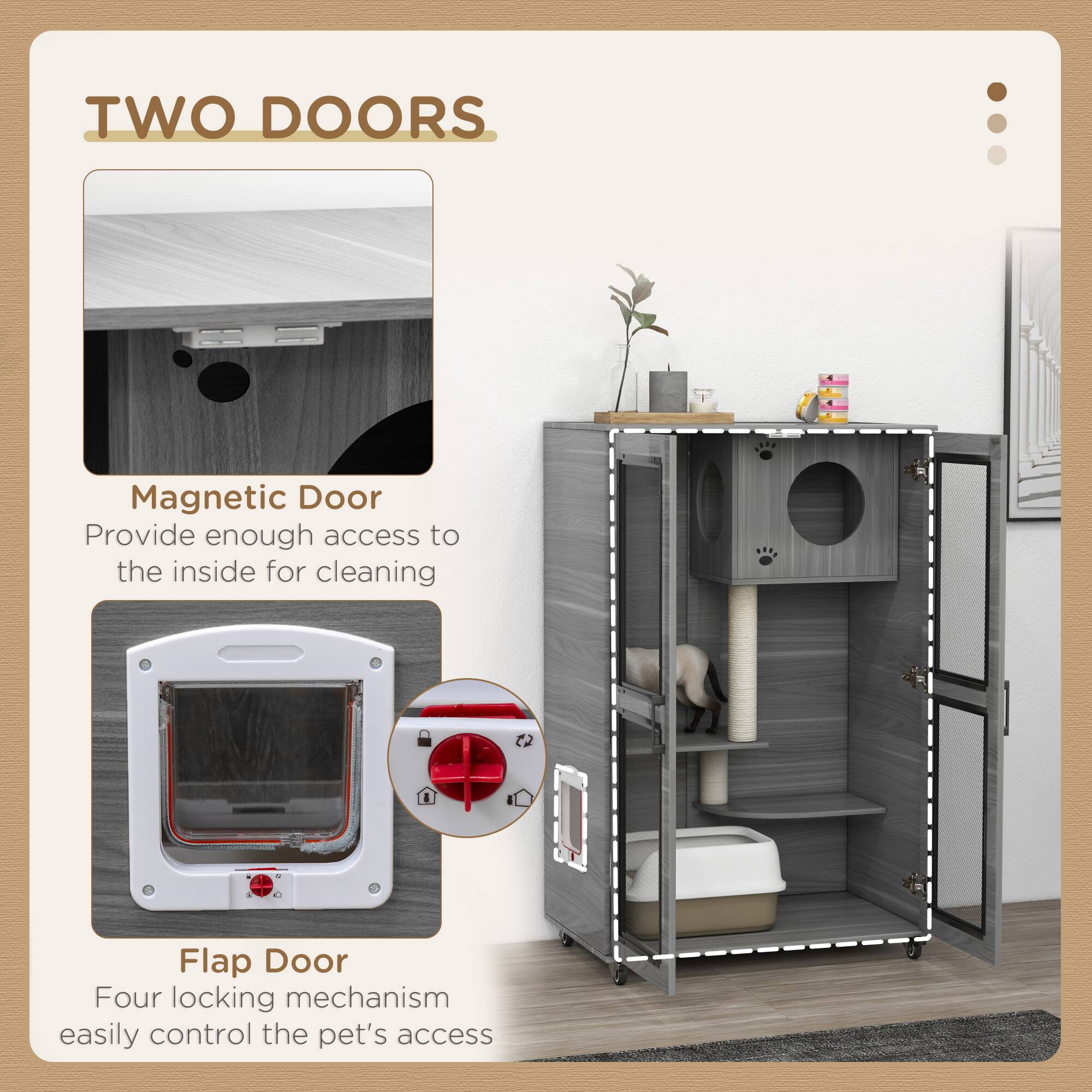 TWO DOORS

Magnetic Door  
Provide enough access to the inside for cleaning

Flap Door  
Four locking mechanism easily control the pet's access