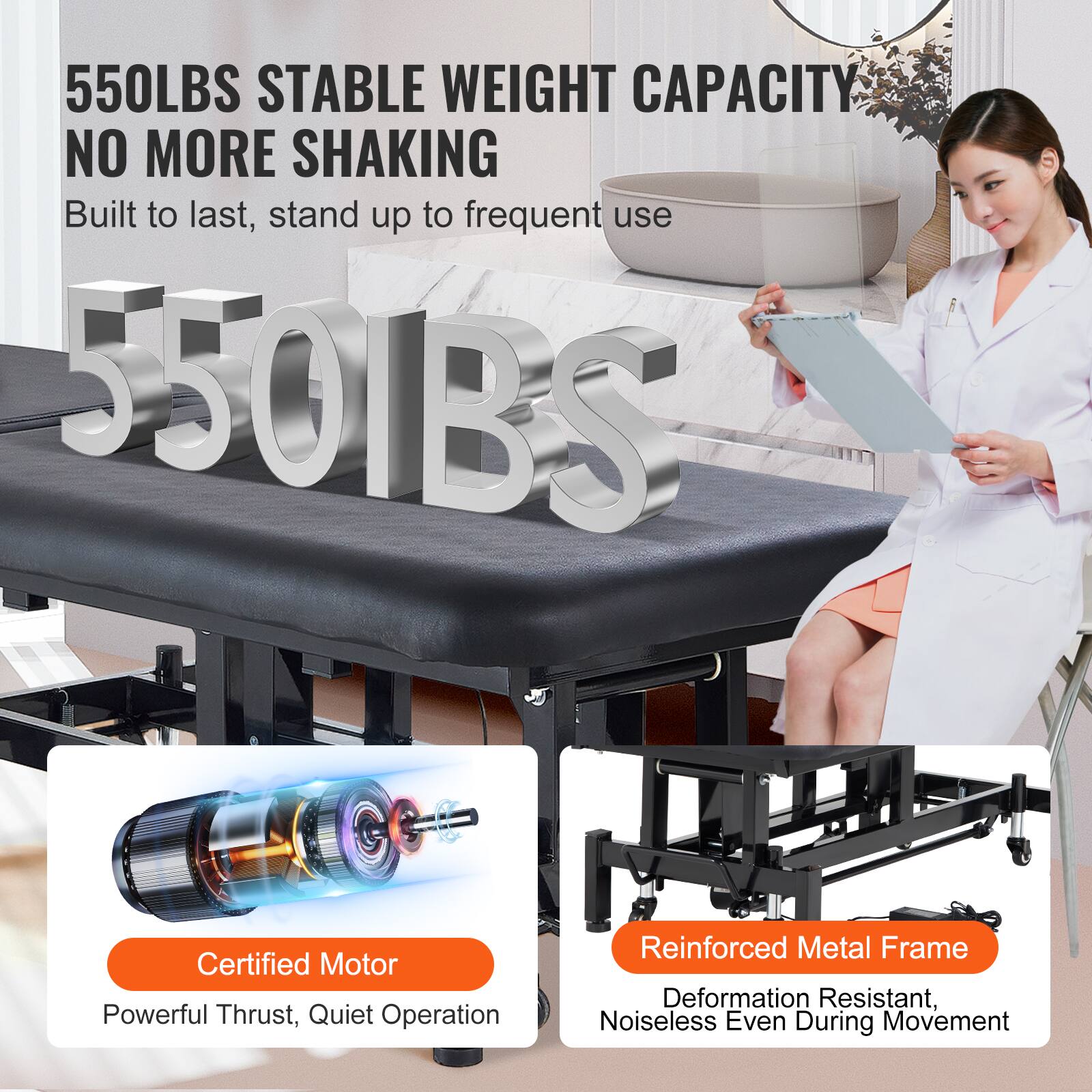 550LBS STABLE WEIGHT CAPACITY  
NO MORE SHAKING  

Built to last, stand up to frequent use  

550LBS  

Certified Motor  
Powerful Thrust, Quiet Operation  

Reinforced Metal Frame  
Deformation Resistant, Noiseless Even During Movement