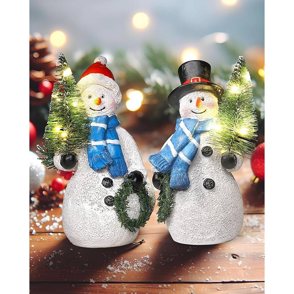 Schertz - Set of 2 5-Inch Resin Snowmen with Lighted Wreath – Christmas Indoor Decorations, Holiday Figurines, and Tabletop Center - multicolored