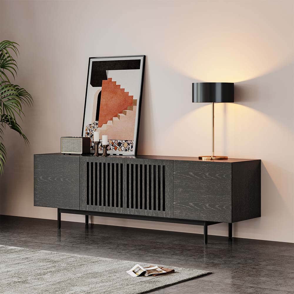 POVISON - 71" Mid-Century Modern TV Stand, Minimalist Slatted Wood TV Console with Tall-Cast Metal Feet, Oak - Black