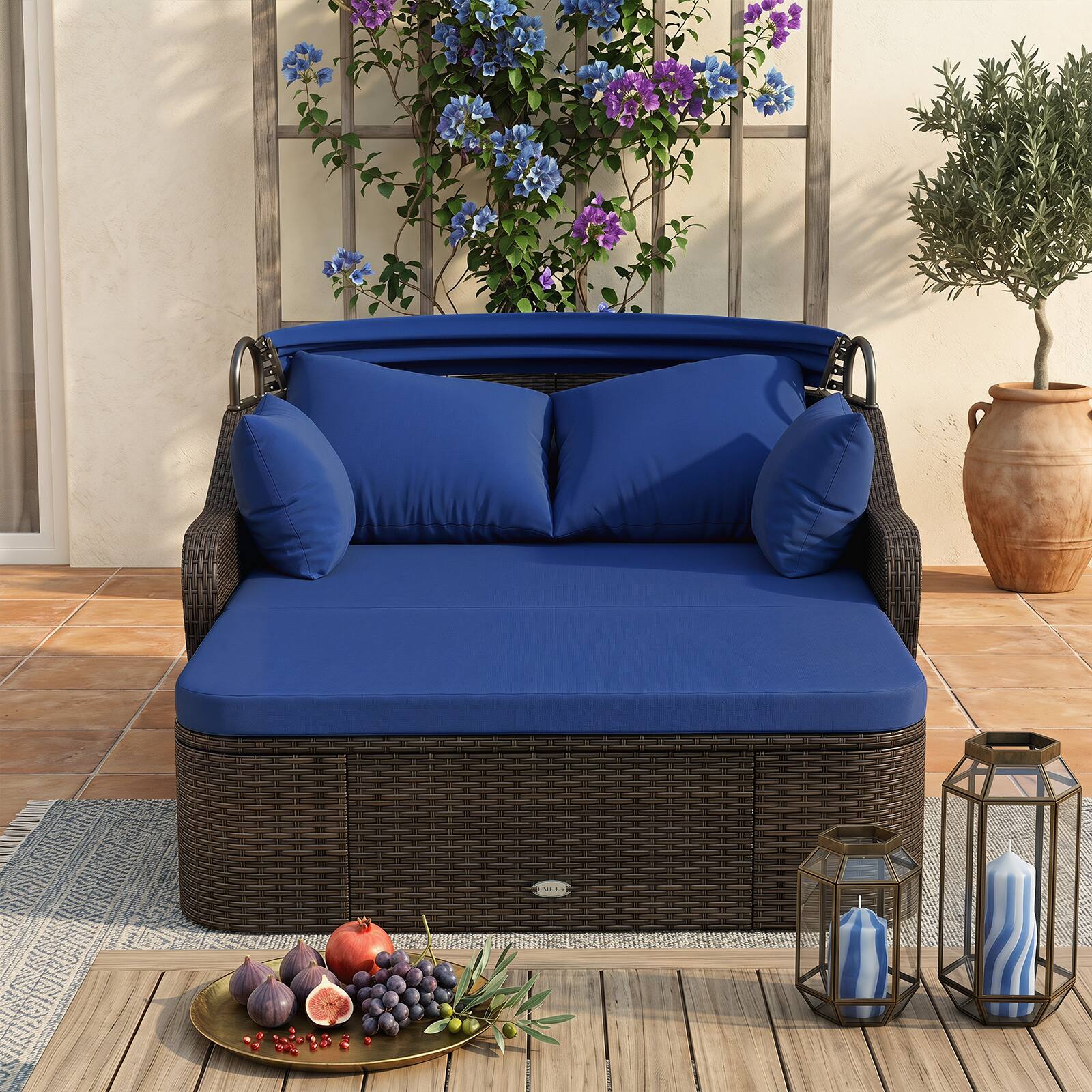 Alt View 3. Costway - Costway Patio PE Rattan Daybed with Retractable Canopy, Soft Cushions and Extra Pillows - Mix Brown & Navy.