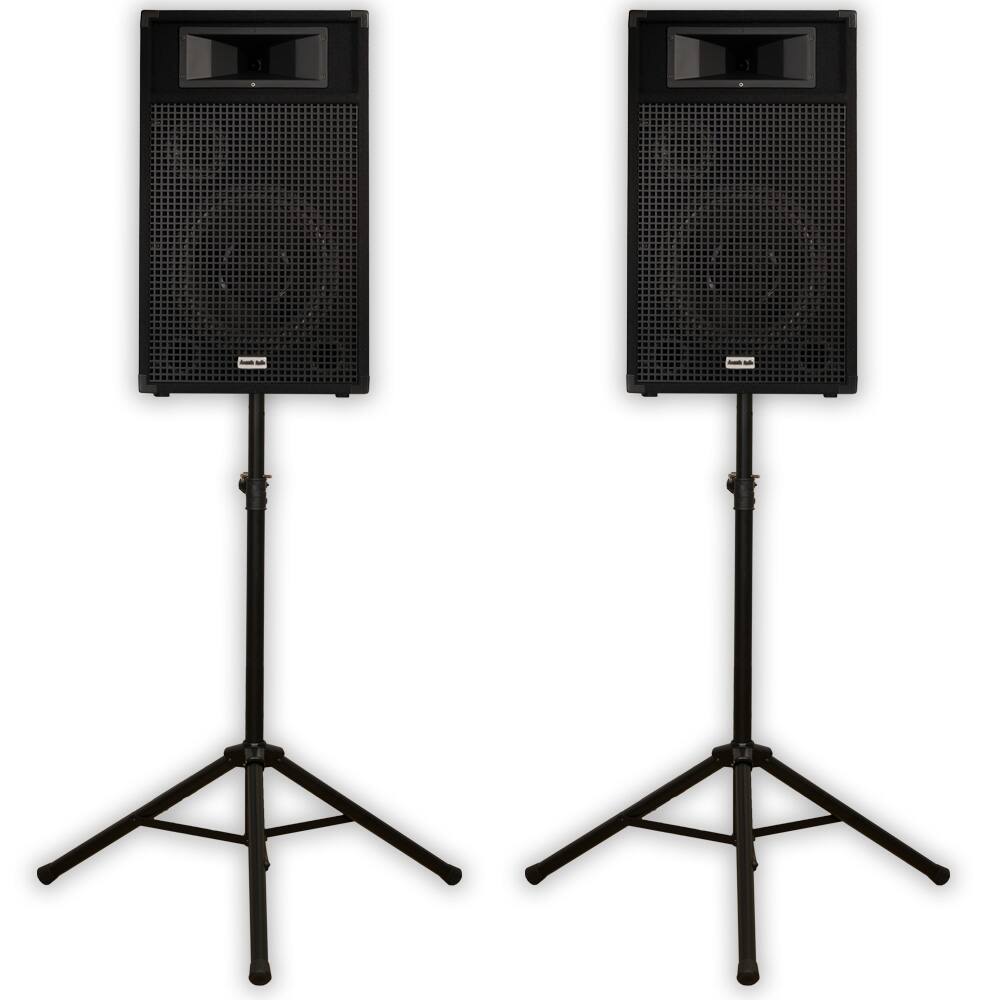 Front. Acoustic Audio by Goldwood - BR12 Passive 12" Speaker Pair and Stands 3-Way DJ PA Karaoke Speakers - Black.