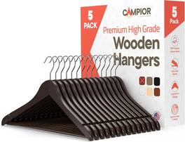 Campior - Wooden Hangers – 5-Pack, 360° Swivel Hook, Non-Slip, Pants Bar, Grooves, Space-Saving & Smooth Finish - Brown