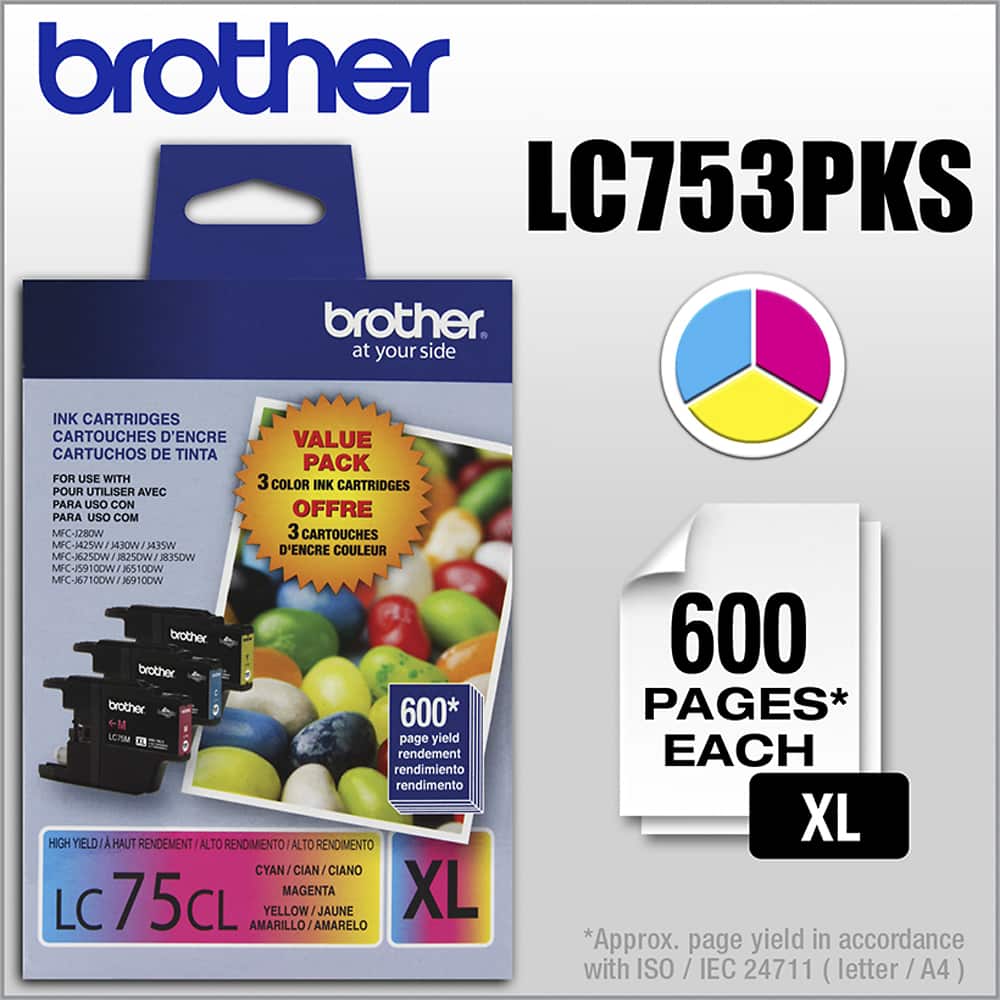 Front. Brother - LC753PKS XL High-Yield 3-Pack Ink Cartridges - Cyan/Magenta/Yellow.