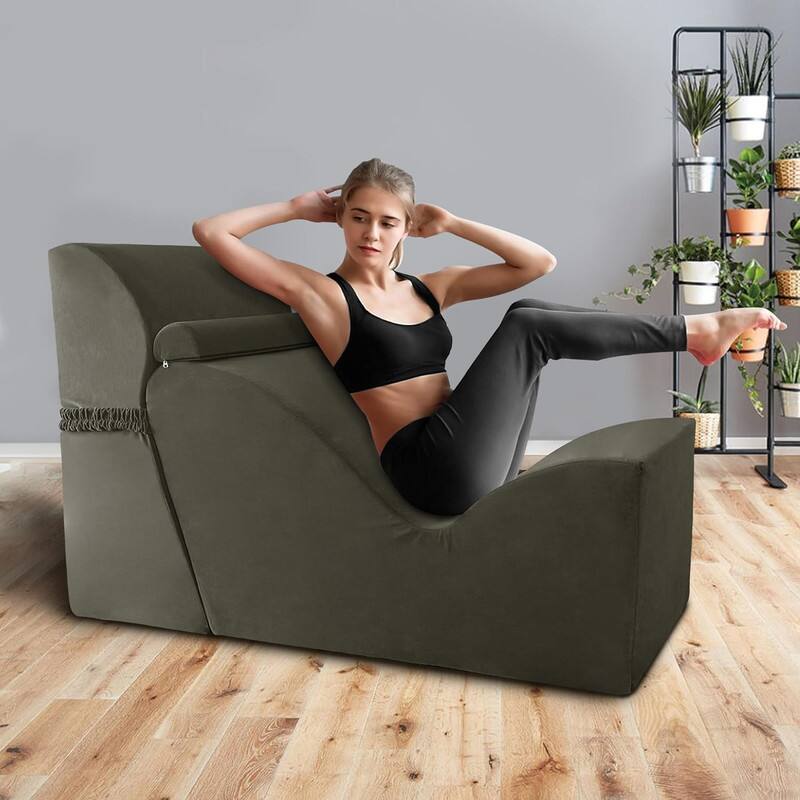 wowmax - Modern Velvet Chaise Lounge - Ergonomic Yoga Chair w/ Curved Design for Bedroom or Living Room - Coffee